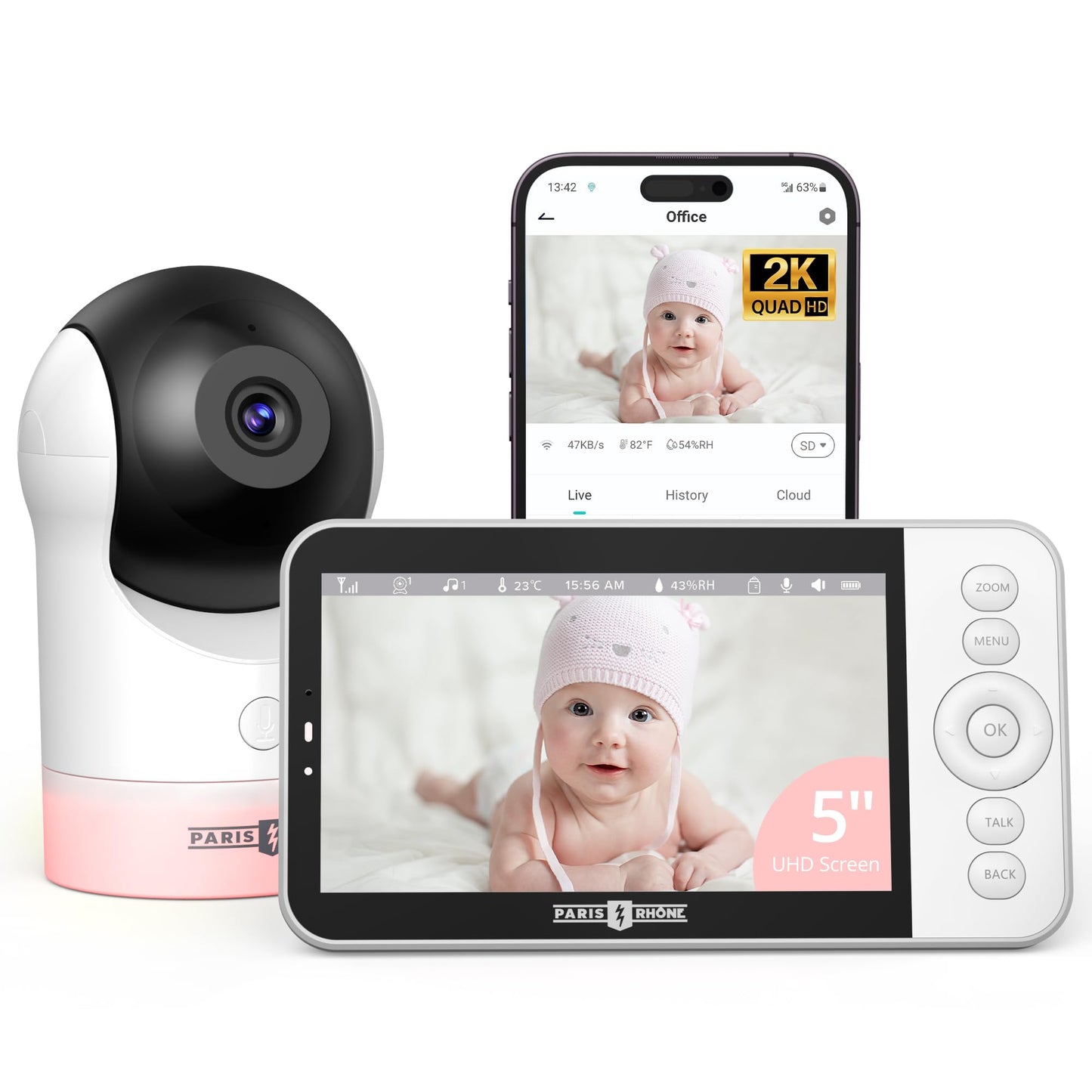 PARIS RHÔNE Video Baby Monitor, 2K UHD WiFi Camera, Night Vision, 5” Smart Baby Monitor with App Control, Motion and Cry Detection, AI Tracking, Three-Way Audio, RGB Night Light, Lullabies