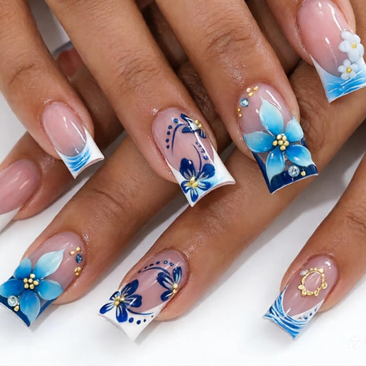 BABALAL Press On Nails, Short Square Fake Nails, Blue French Tip with Butterfly & 3D Flower, Glossy Tropical Summer Glue On Nails for Women and Girls 24Pcs