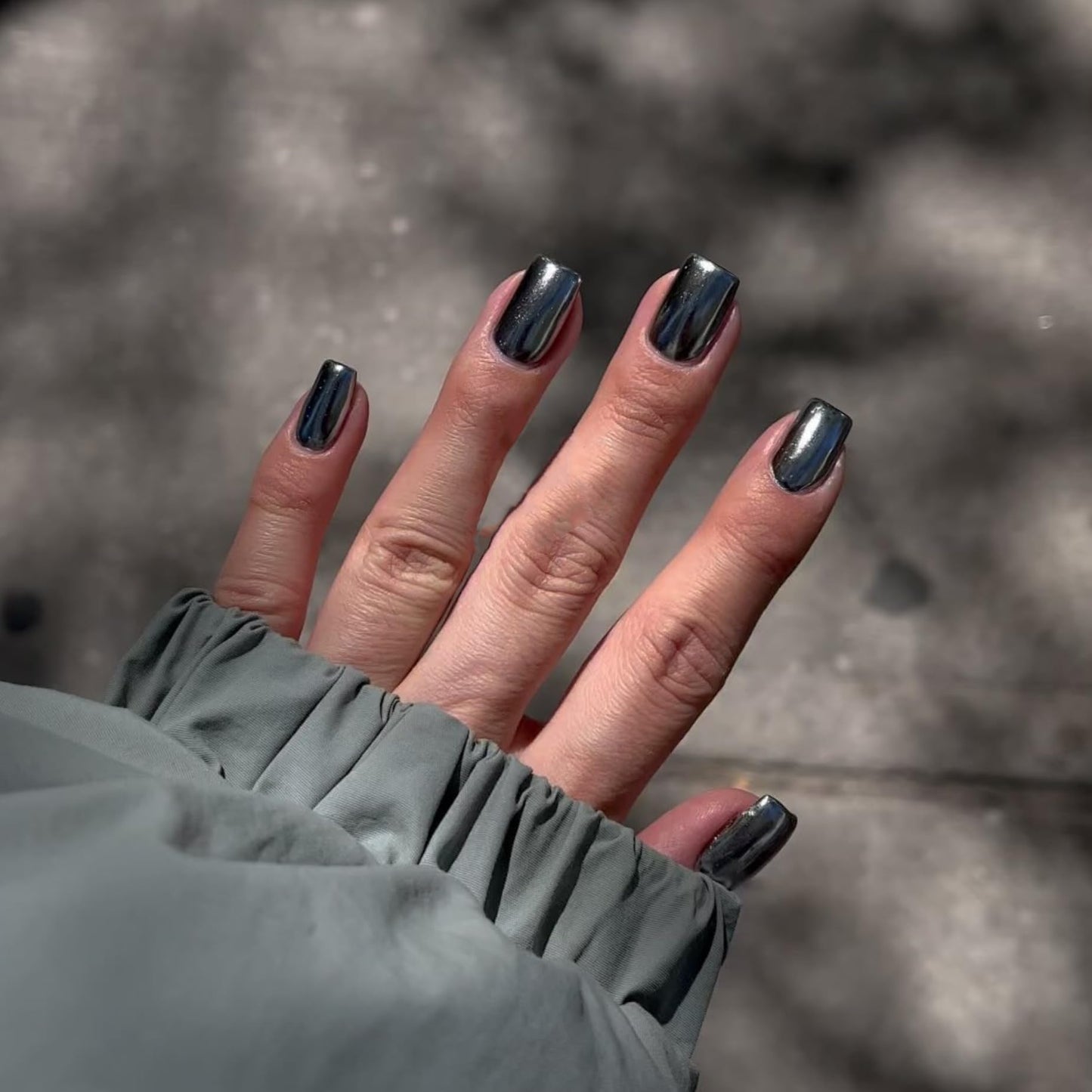 KQueenest Smoky Grey Chrome Press on Nails Medium Almond&Black Chrome Press on Nails Short Square For Beach Party Daily Decoration in 48 PCS