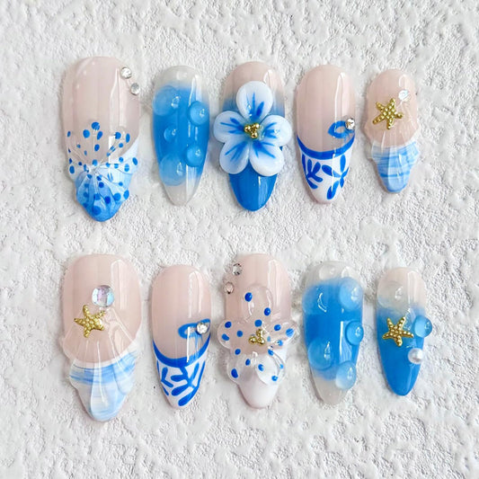 Luxury Press on Nails Medium Almond Handmade 3D Unique Reusable ABS Material Fake Nails Blue French Tip False Nails with Designs Starfish Flower Art Petal Glossy Glue on Nails Thick Acrylic Nails(M)