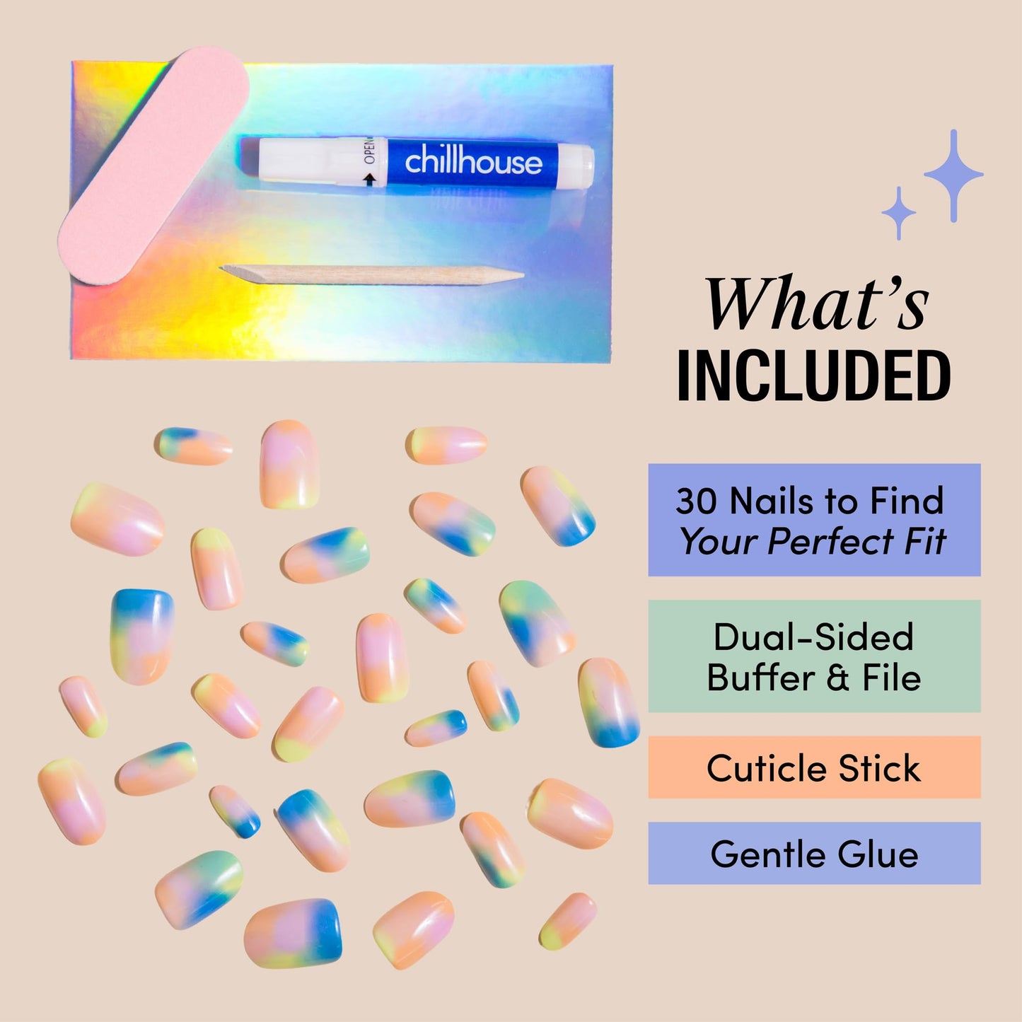 Chillhouse - Chill Tips, Press on Nails Kit - Groovy Baby (Oval) - 30 Nail Shapes & Sizes - Up to 2 Weeks of Wear - Customizable Fit - Reusable - Latina Founded & Women Owned - Beauty & Self Care