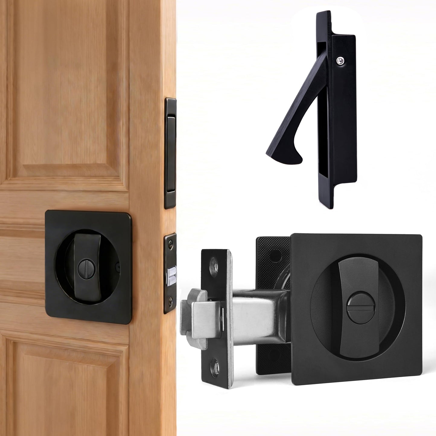 Dontay Pocket Door Privacy Lock with Edge Pull Handle,(Bed/Bath) 2 3/8" Backset,Stainless Steel Recessed 2 Sided,Recessed Knob,1 3/8" to 2 3/16" Bathroom&Sliding Door (Matte Black, Square - 1 Set)