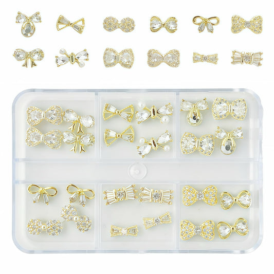 Pizadix 24 Pcs 3D Luxury Gold Nail Charms and Gems with Bows for Nail Art Decoration