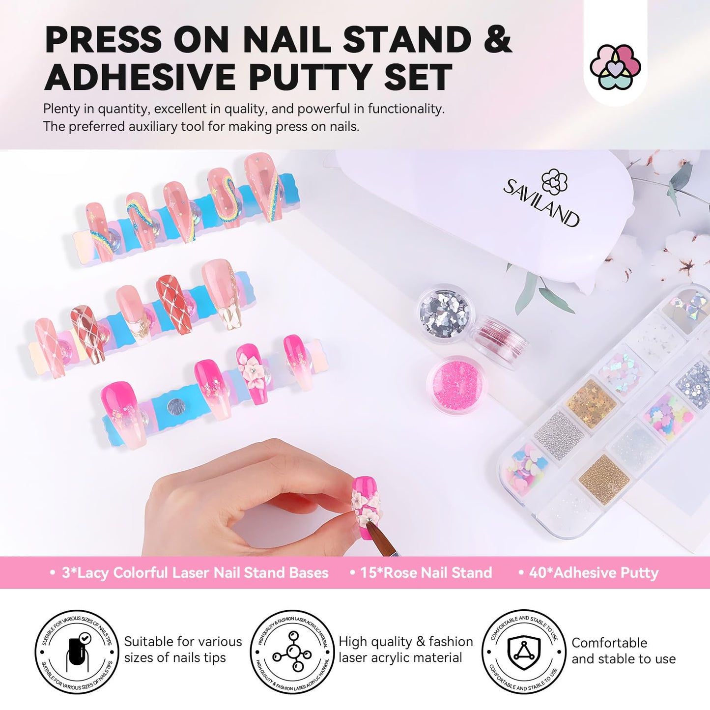 SAVILAND 3 Sets Nail Stand: Strong Magnetic Nail Holder for Painting Nails with Reusable Putty SAVILAND Nail Stand for Press On Nails Display Strong Magnet Fake Nail Holder