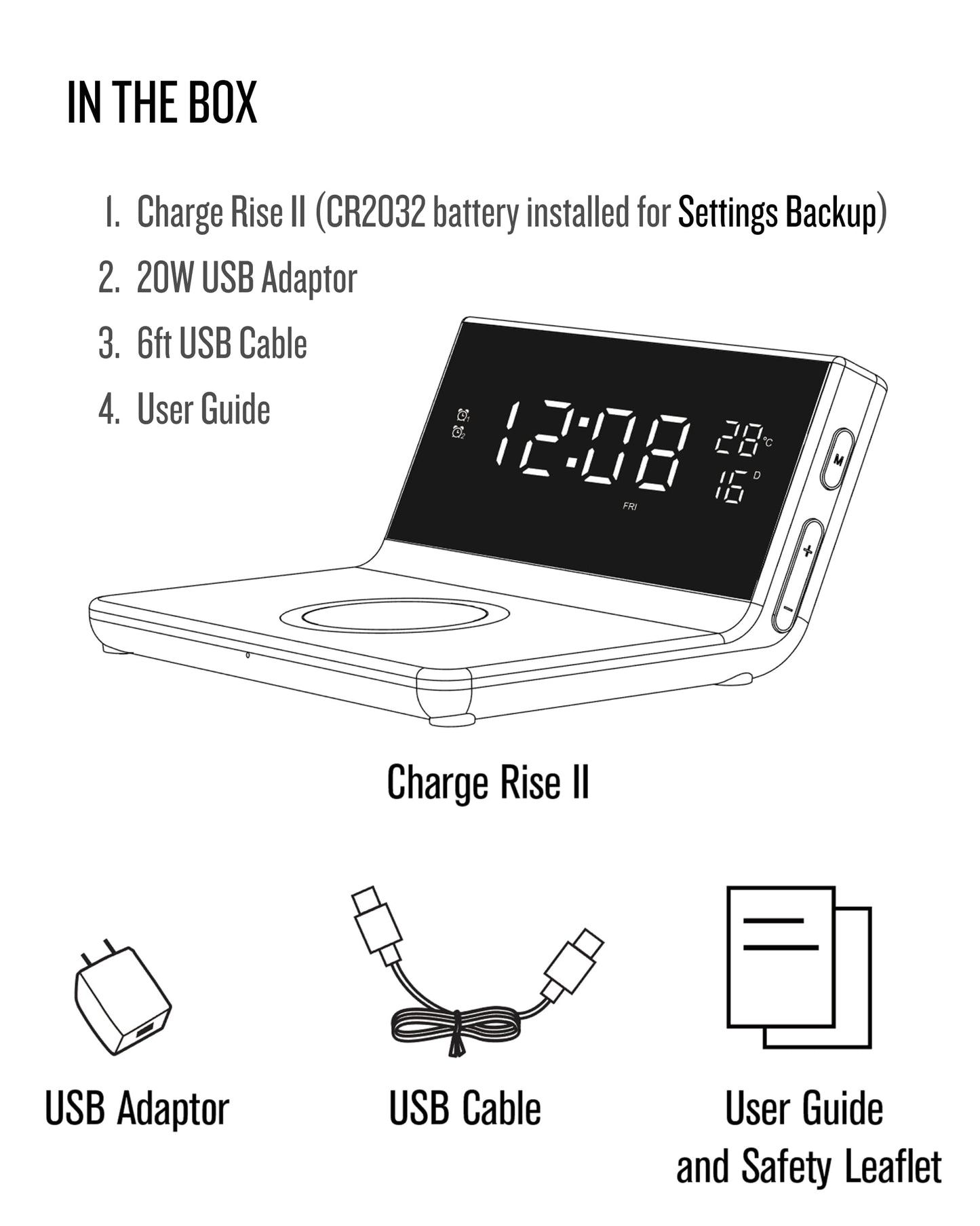 Soundfreaq Charge Rise II, SFQ-20: Digital Alarm Clock, with Dual Alarms, Fast USB Charger and Wireless Charger (Black)