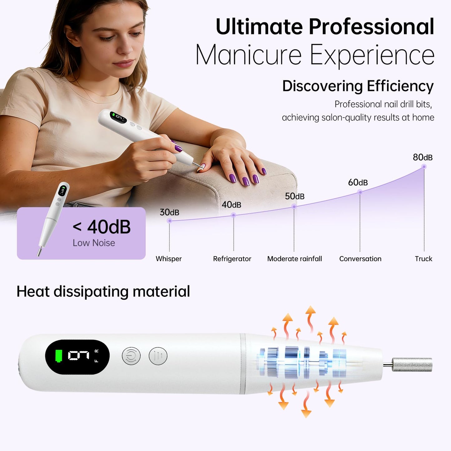 Electric Nail Drill Kit, Electric Nail File Cordless Nail Drill Machine for Acrylic Gel Dip Powder Nails, Professional Portable Manicure Pedicure Rechargeable Lightweight for Home Salon Use