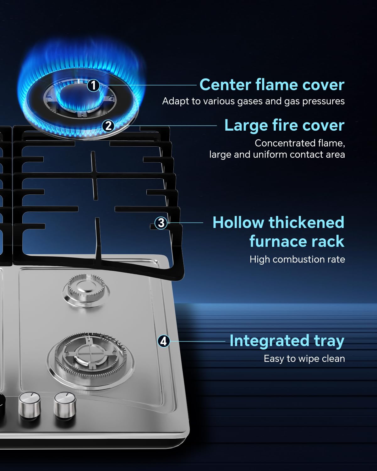 2 Burner Gas Cooktop – Stainless Steel Built-in Gas Stove for Apartment & Small Kitchen, LPG/NG Convertible, Easy Installation, Compact Size