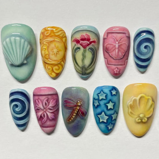 Press on Nails Medium Almond SWEKKE Fake Nails False Nails with Flower Vortex Stripes Stars Shell Designs Glossy Glue on Nail Full Cover Acrylic Nails for Women Girls 24Pcs