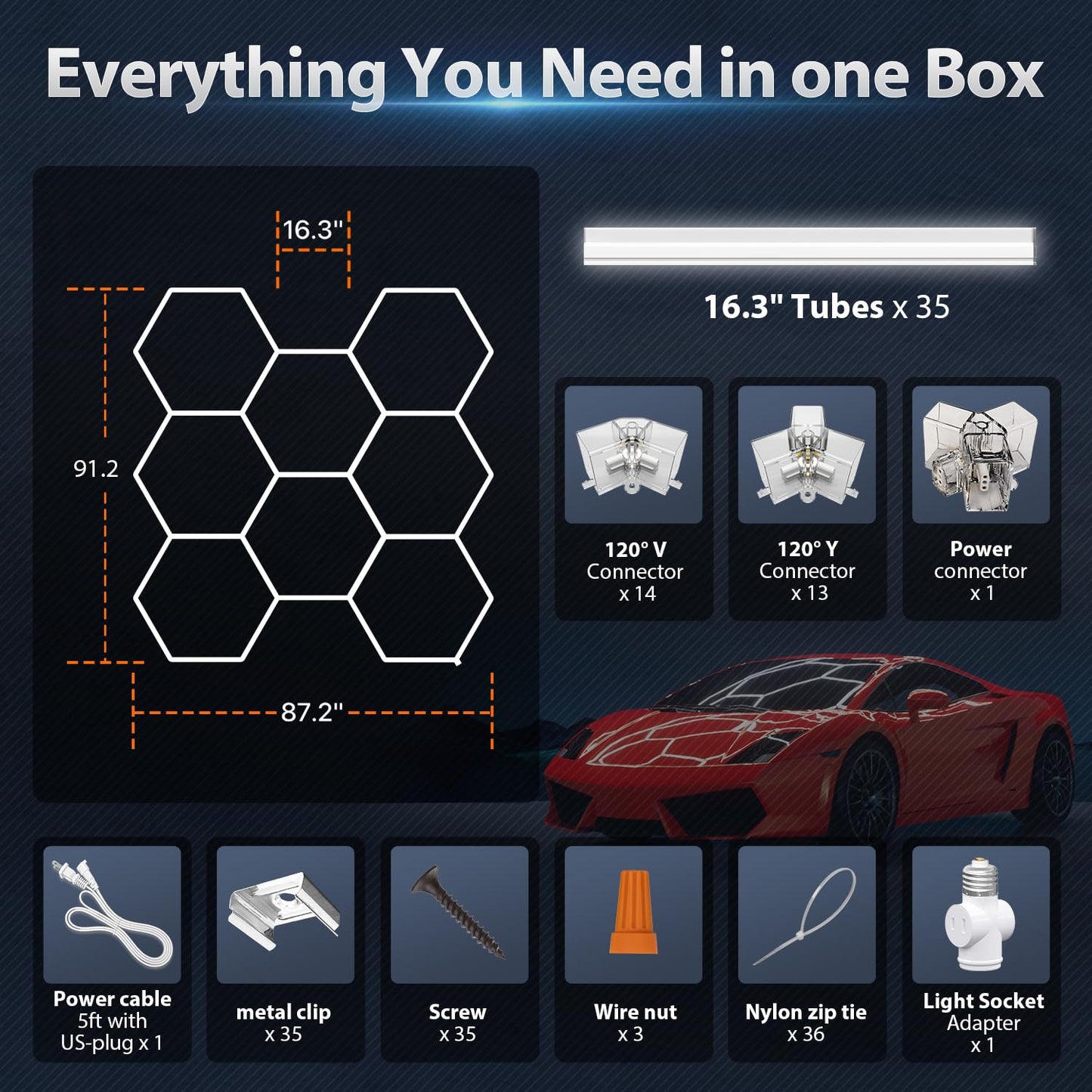 Litezone Hexagon Garage Lights: 245W 35 Pack 8 Grids LED Garage Lights - Easy Install 6500K Super Bright Honeycomb Light for Warehouse, Car Detailing Shop, Exhibition Hall, Gym