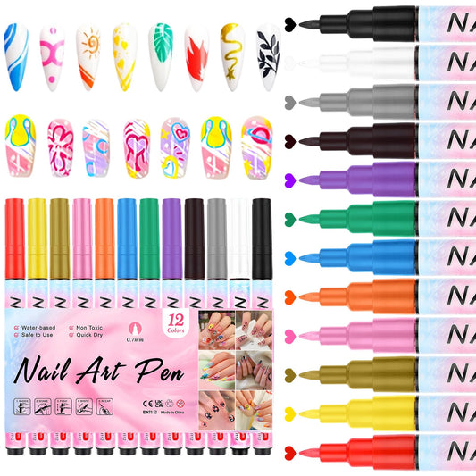 12 Colors Nail Art Pens Set, Nail Art Graffiti Pen Set, Point Liner Pen Drawing Painting For Nails Art Design Manicure Nail Diy Decoration, Quick Dry (A)