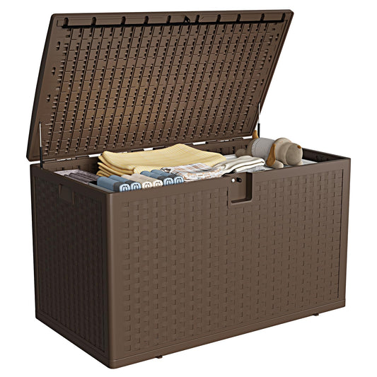CABIHOME 120 Gallon Large Outdoor Deck Storage Box - Waterproof, Lockable Resin Organizer - Weatherproof Rattan Style for Patio Furniture, Garden Tools, Pool Accessories - With Side Handles, Brown