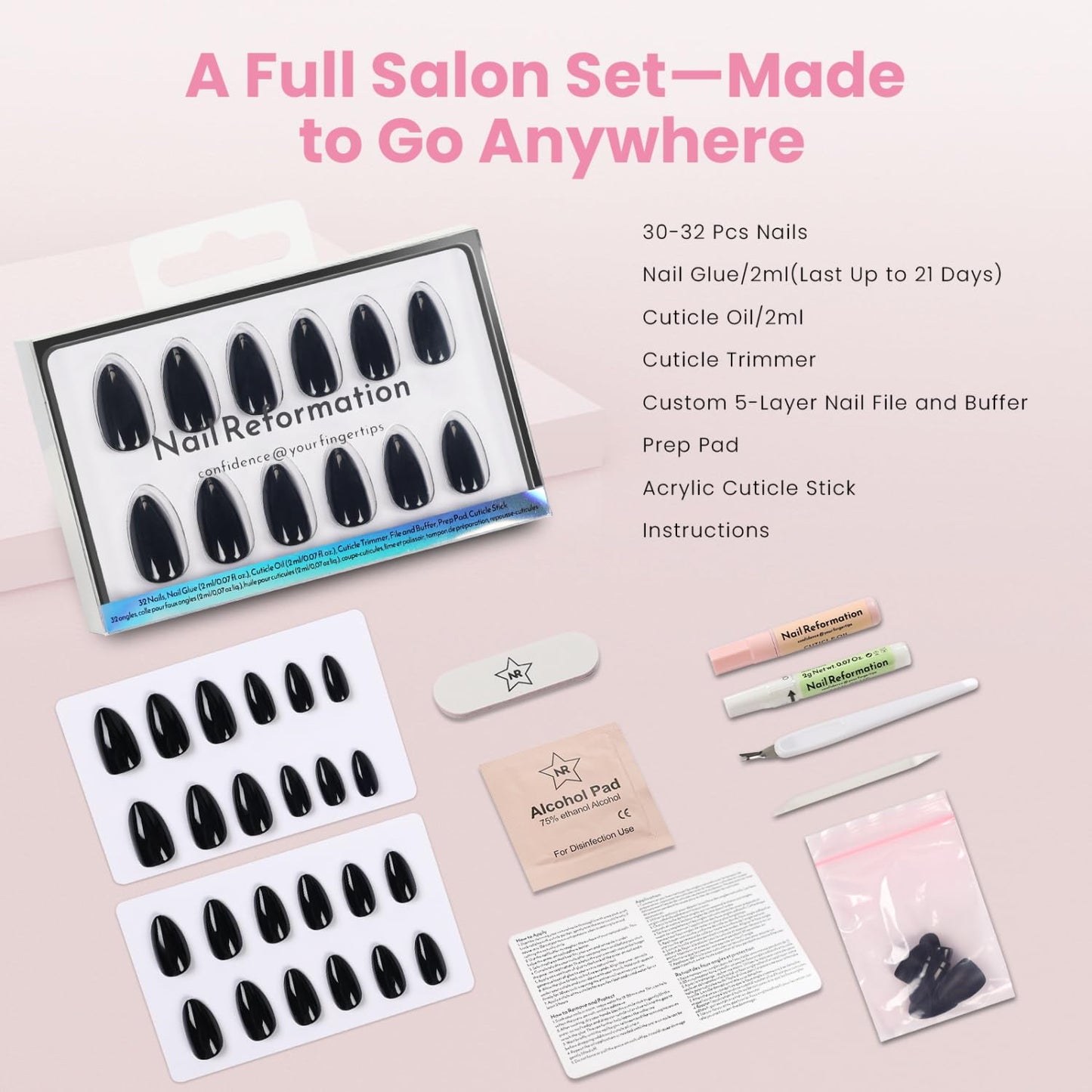 Nail Reformation Press On Nails, Classic Noir | Black Short Almond Fake Nails in Glossy Finish, Salon Quality, Natural Reusable Stick On Nails in 16 Sizes - 32 Nail Kit with Glue, Gifts for Women