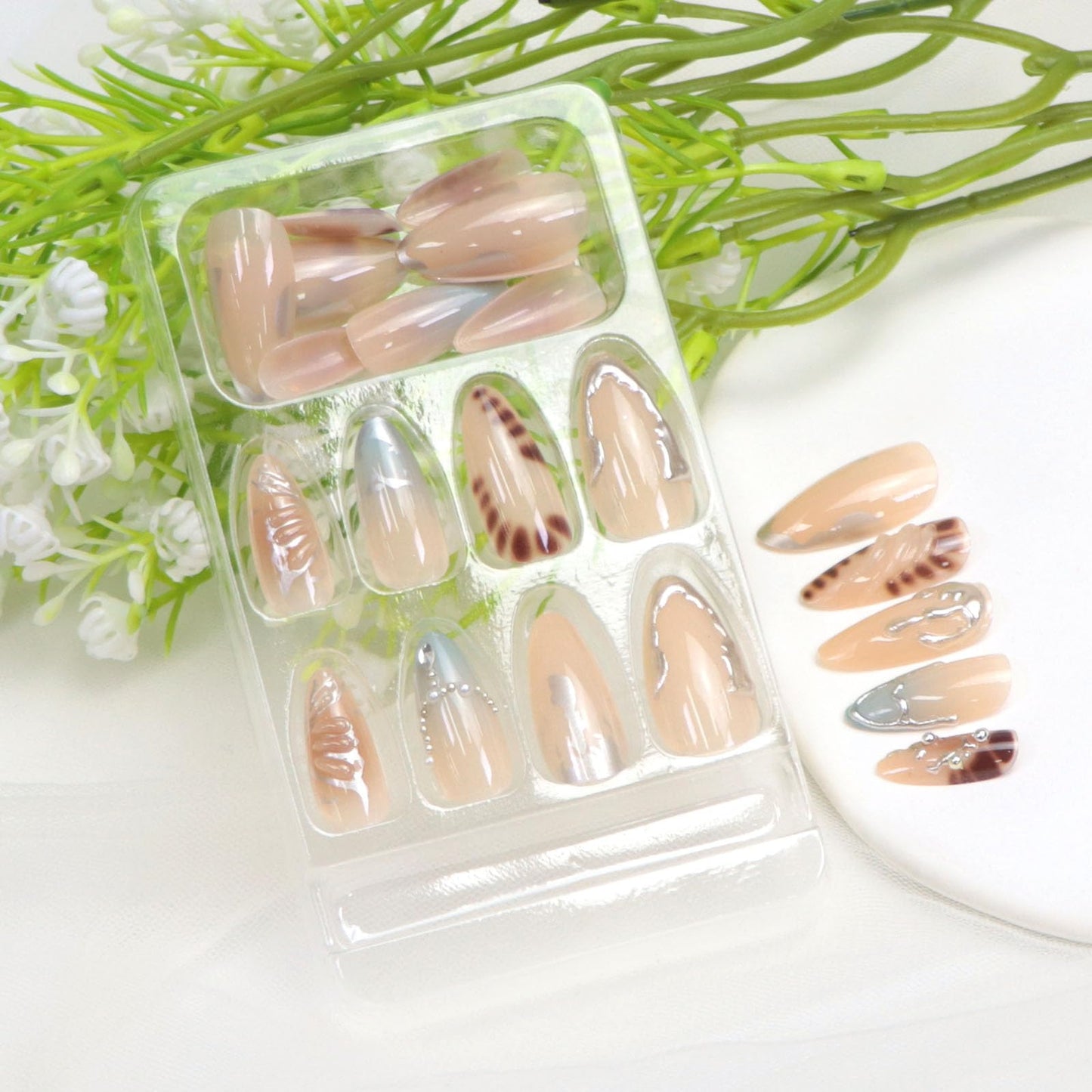 Almond Press on Nails Medium Fake Nails with 3D Water Ripples Butterflies Pearls Rhinestones Hearts Ombre Designs Glossy Glue on Nails Press ons Nude Full Cover Stick on Nails for Women 24Pcs