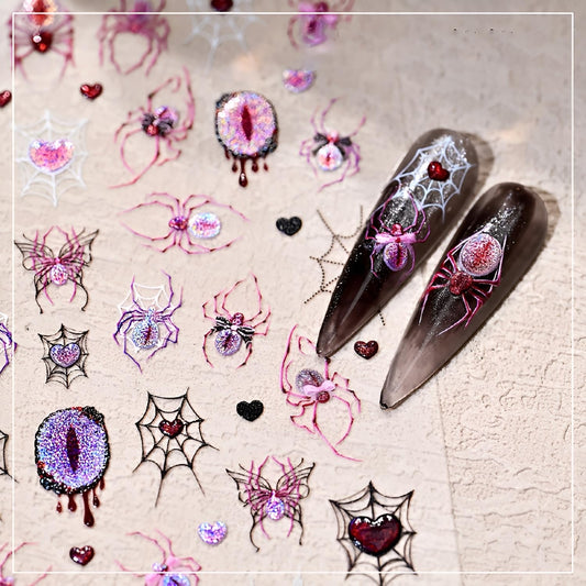 Halloween Nail Stickers Spider Nail Stickers for Nail Art Spider Web Nail Decals 5D Self-Adhesive Purple Pink Nails Design for Women and Girls DIY Manicure Nail Art Decorations