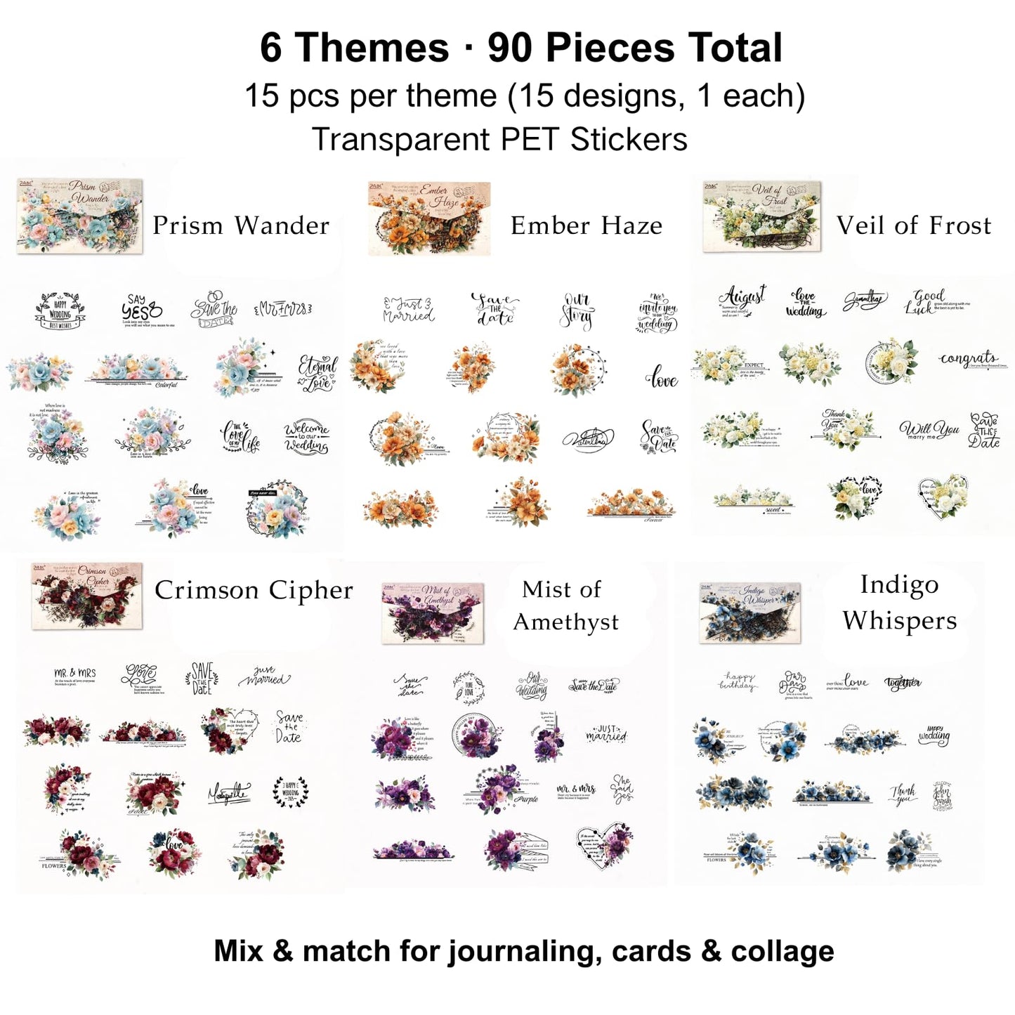 Kigofora 90-Piece Floral Quote PET Stickers for Journaling & Scrapbooking,Transparent Flower Stickers with Words, Aesthetic Collage Supplies for Planner, Cards & Paper Crafts