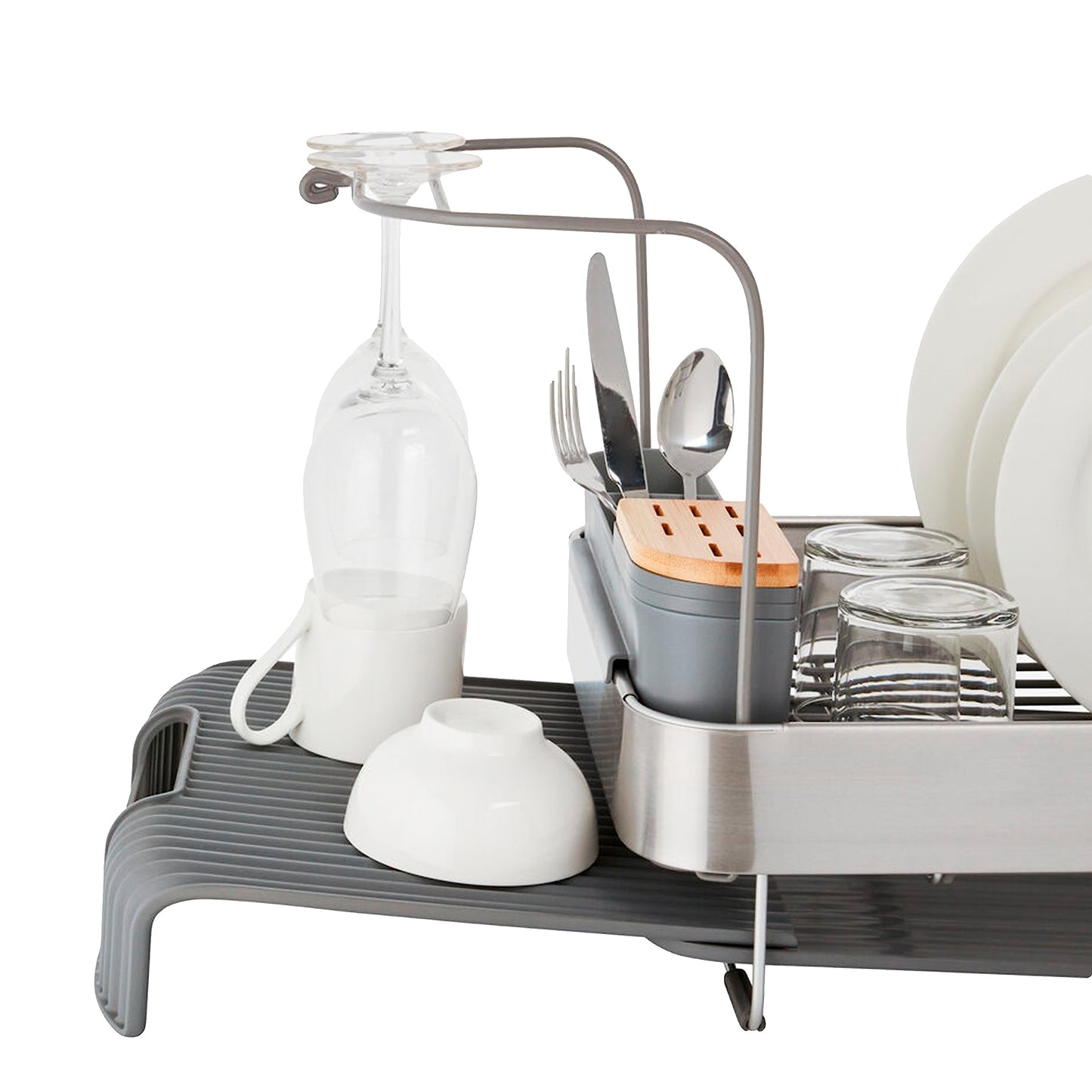 KitchenAid Compact to Full Size Expandable, Rust Resistant Satin Coated Dish Rack with Angled Self Draining Drain Board and Removable Flatware Caddy, 24-Inch, Charcoal