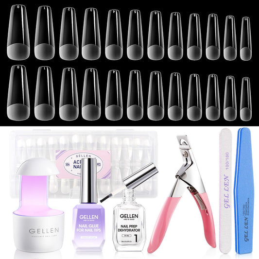 Gellen Nail Tips and Glue Gel Kit, 504Pcs Coffin Shape Half Matte Nail Tips, 7 in 1 Gel Nail Glue, Nail Dehydrator, Uv Led Lamp, Nail Clipper & Files, DIY Nails Art Manicure Gift