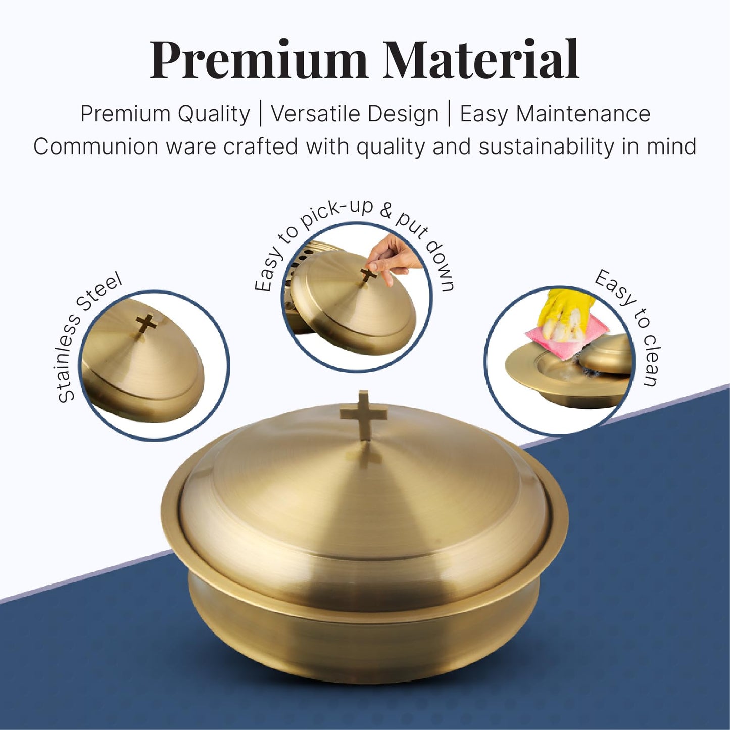 Mayur Exports Communion Ware 2 Holy Wine Serving Trays with A Lid & 1 Stacking Bread Plate with A Lid - Stainless Steel (Brass/Gold)