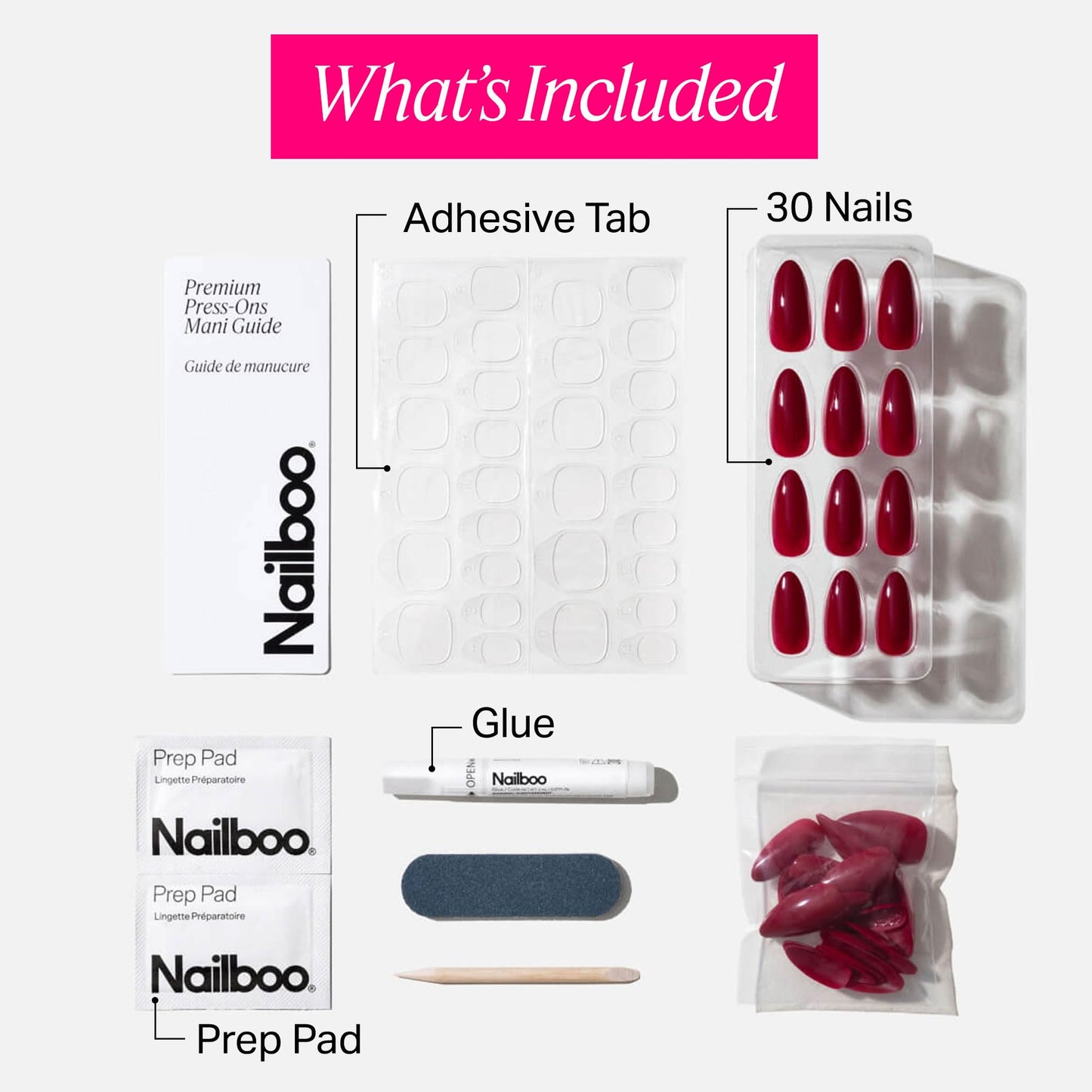 Nailboo Press On Nails, Salon-Quality Reusable Fake Nails for Fast DIY Manicure with Strong Hold Nail Glue for Press Ons, Nail File, & Alcohol Prep Pads, Cherry Chills