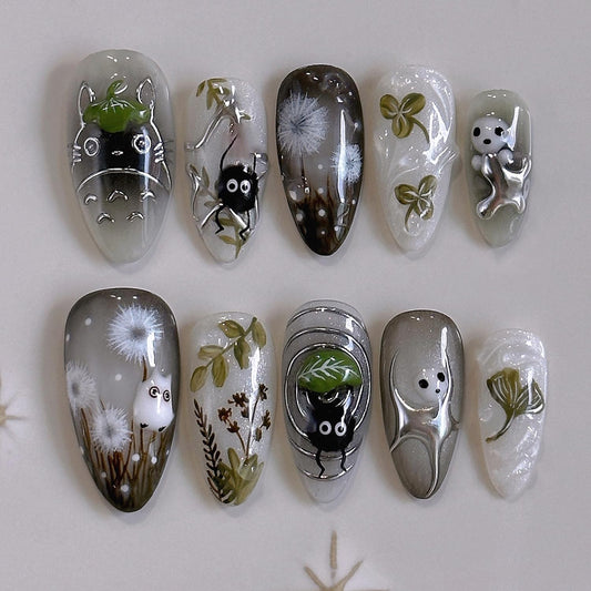 24Pcs Dark Press on Nails Medium Almond French Fake Nails Cute Pattern Design Full Cover Artificial Glue on Nails Almond Shape Acrylic Nails Cute Stick on Nails False Nails for Women DIY Tips