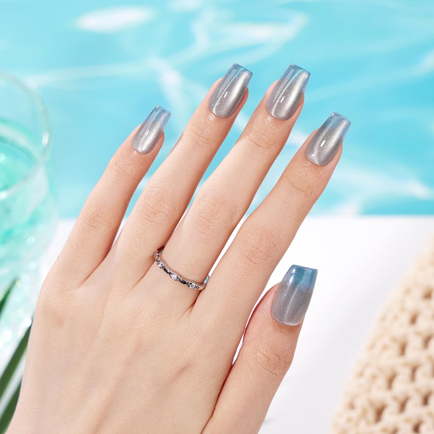 VSALON Coffin Medium Press on Nails, Icy Blue Ombre Summer Cat Eye Glossy Chrome Shimmer Fake Nails, Reusable Soft Gel Semi-Transparent Glue on Nails, 32 Pcs in 16 Sizes Kits with Glue & Cuticle Oil