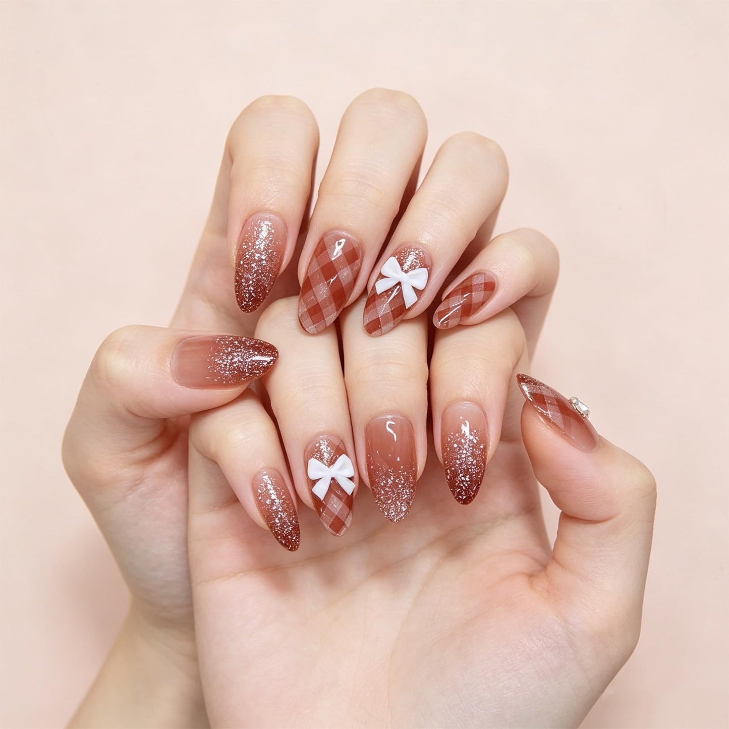 Press on Nails with Checkered Design Plaid Medium Almond False Nails Gingham Fake Nail Glossy Silver Glitter Glue on Nail Rhinestones Stick on Fingernails for Women Sweet Daily Wear