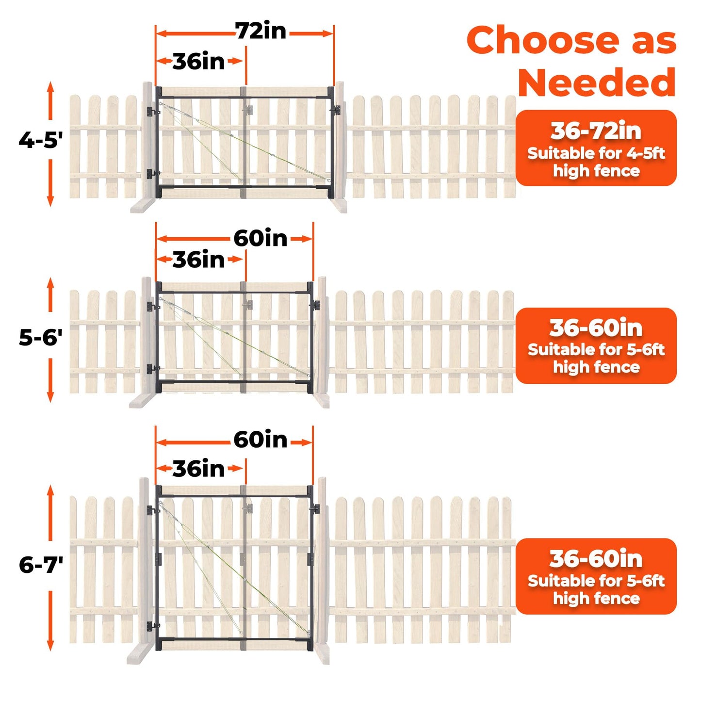 Steel Frame DIY Building Gate Kit, Adjustable 36-60" Wide for 7ft High Fences, Fence Gate Kit Fits 1x4 & 2x4 Wood, Powder Coated
