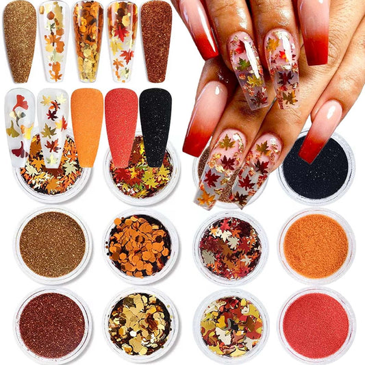 12Boxes Fall Nail Glitter Sequins Maple Leaf Nail Glitter Autumn Leaves Nail Flakes Thanksgiving Nails Glitter Powder 3D Holographic Nail Art Decoration Accessories for Women Girls