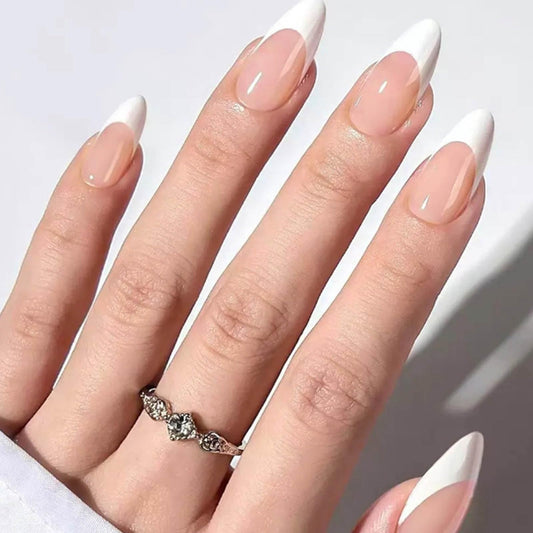 DANMANR Short Press on Nails Almond French Fake Nails Full Cover Nude Acrylic False Nails for Women and Girls24PCS (Pink White Tips)