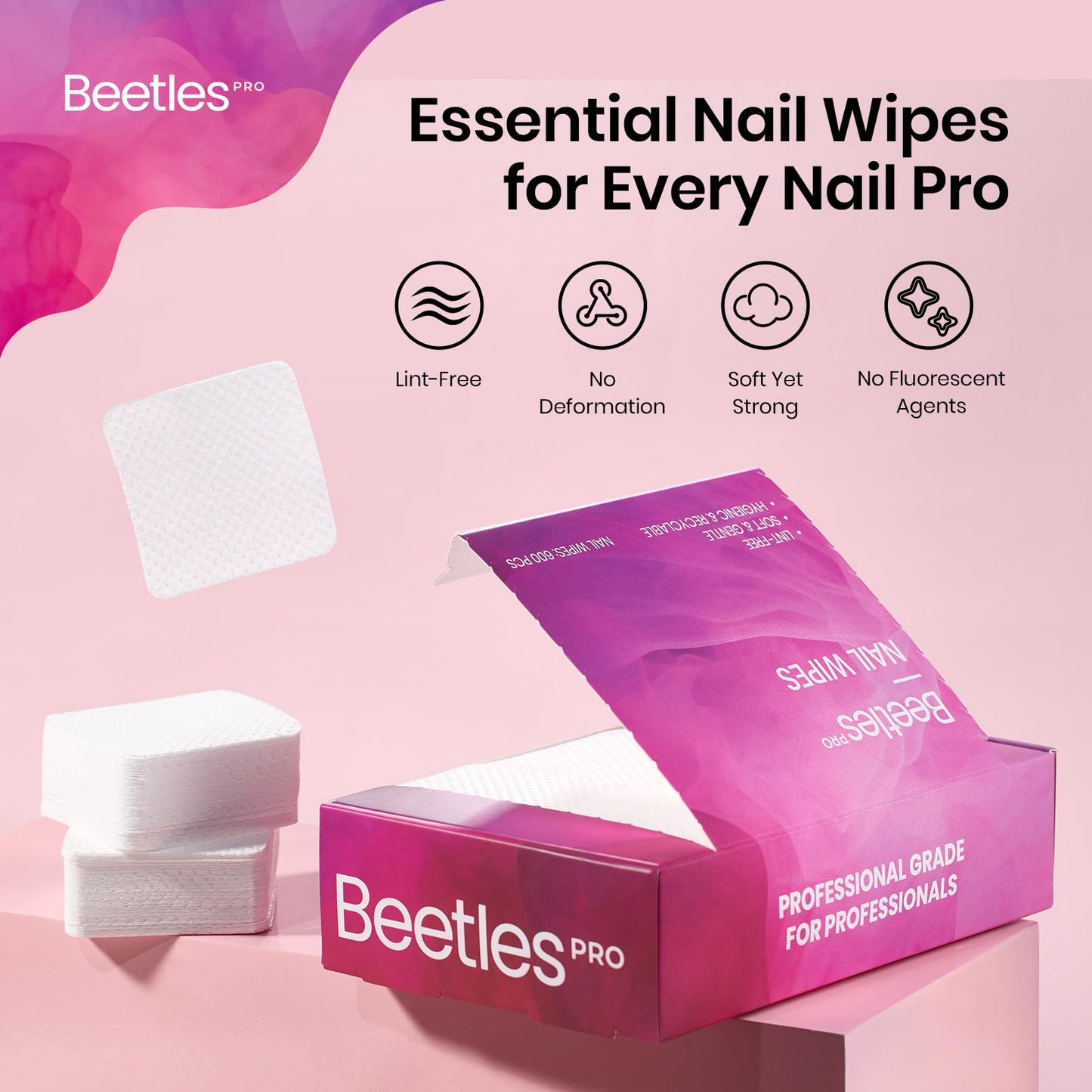 Beetles Pro 600-Pcs Lint Free Nail Wipes – Professional Soft Cleaning Wipes Nail Polish Remover Pads Non-Woven Fabric Nails Cleaning Pads for Nails Care, Gel Polish – Salon Quality Manicure Tool