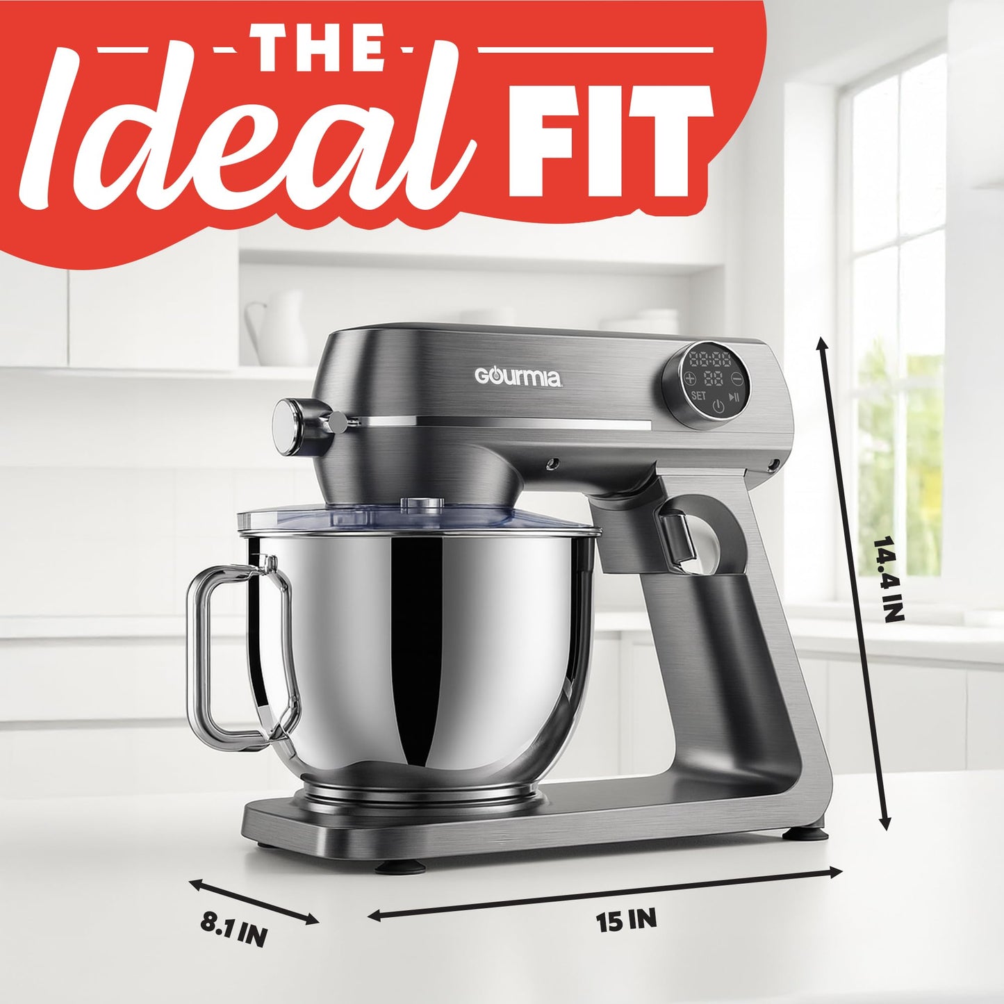 Gourmia Digital Stand Mixer - 7 QT Tilt-Head Kitchen Mixer with LED Timer, 10 Speeds, Stainless Steel Bowl, Attachments Included, 800W, Silver