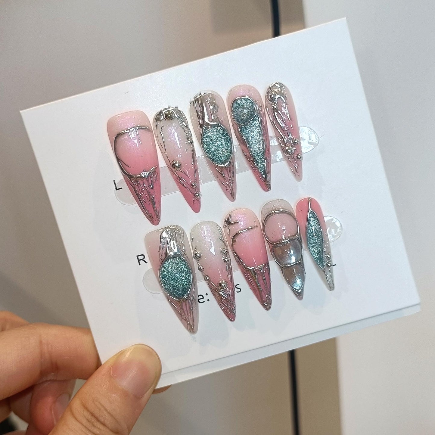 TENPAL Long Stiletto Press on Nails,Pink-Silver Holographic Gradient Hand-Painted Moons Fake Nails with 10pcs Tools,3D Cat Eye Glitter False Nails,Edgy Meteors Design Sweet-Edge Metal Nails(M)