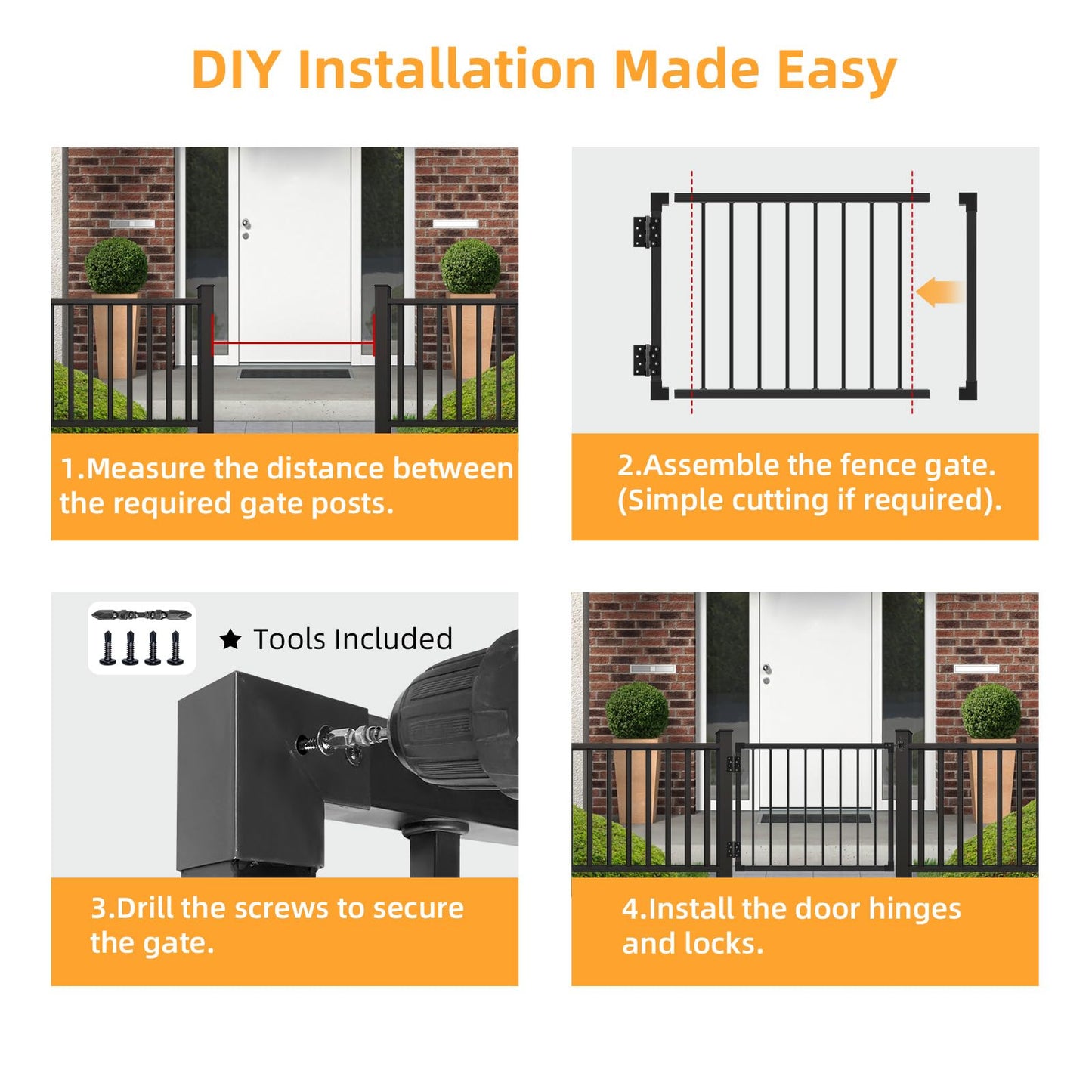 SunCrafts Deck Fence Gate Outdoor, 32″ Gate for 36″ Deck, Black Heavy Duty Steel Anti-Rust Door with Cuttable Width (Up to 48"), Metal Gate for Residential, Yard, Patio, Hinges and Latch Included