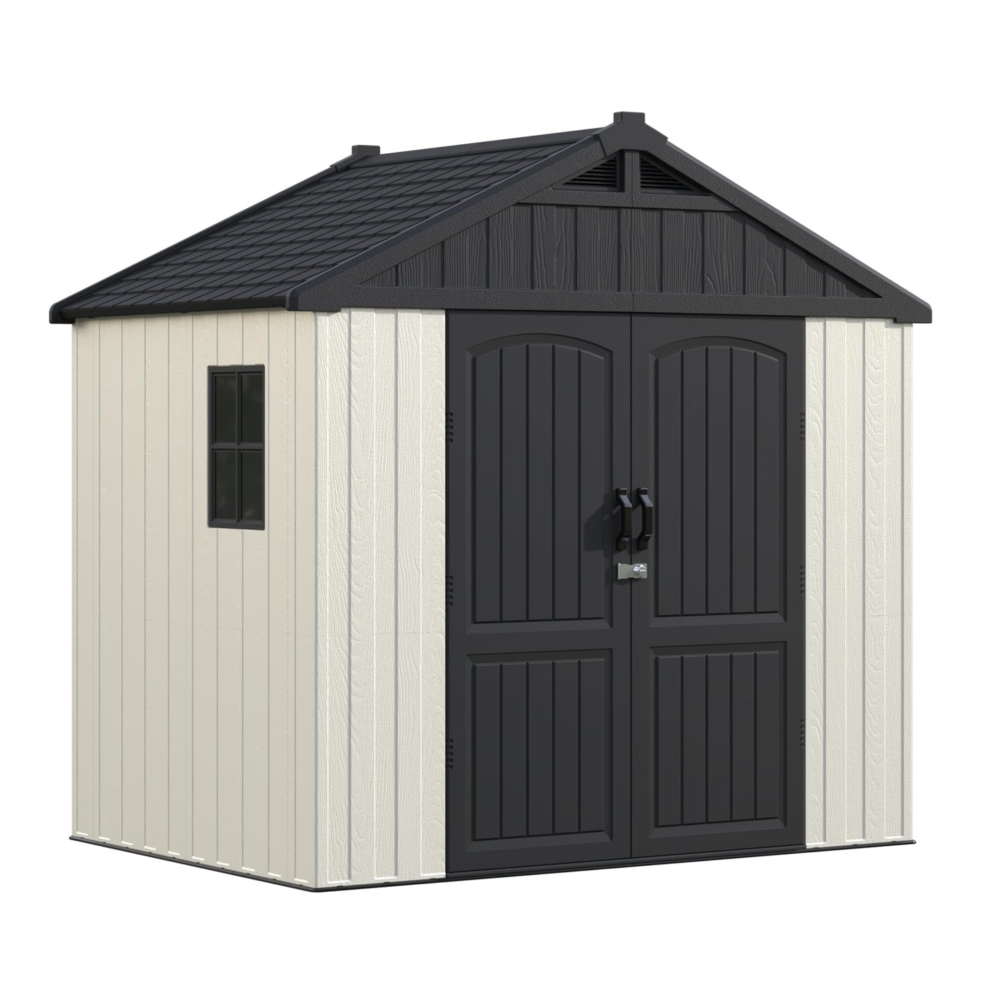Greesum 8×6 FT Plastic Outdoor Storage Shed with Floor, Resin Sheds with Window and Lockable Door, Weather Resistant Organization, Easy Assemble for Garden, Lawn, Pool Supplies, Beige