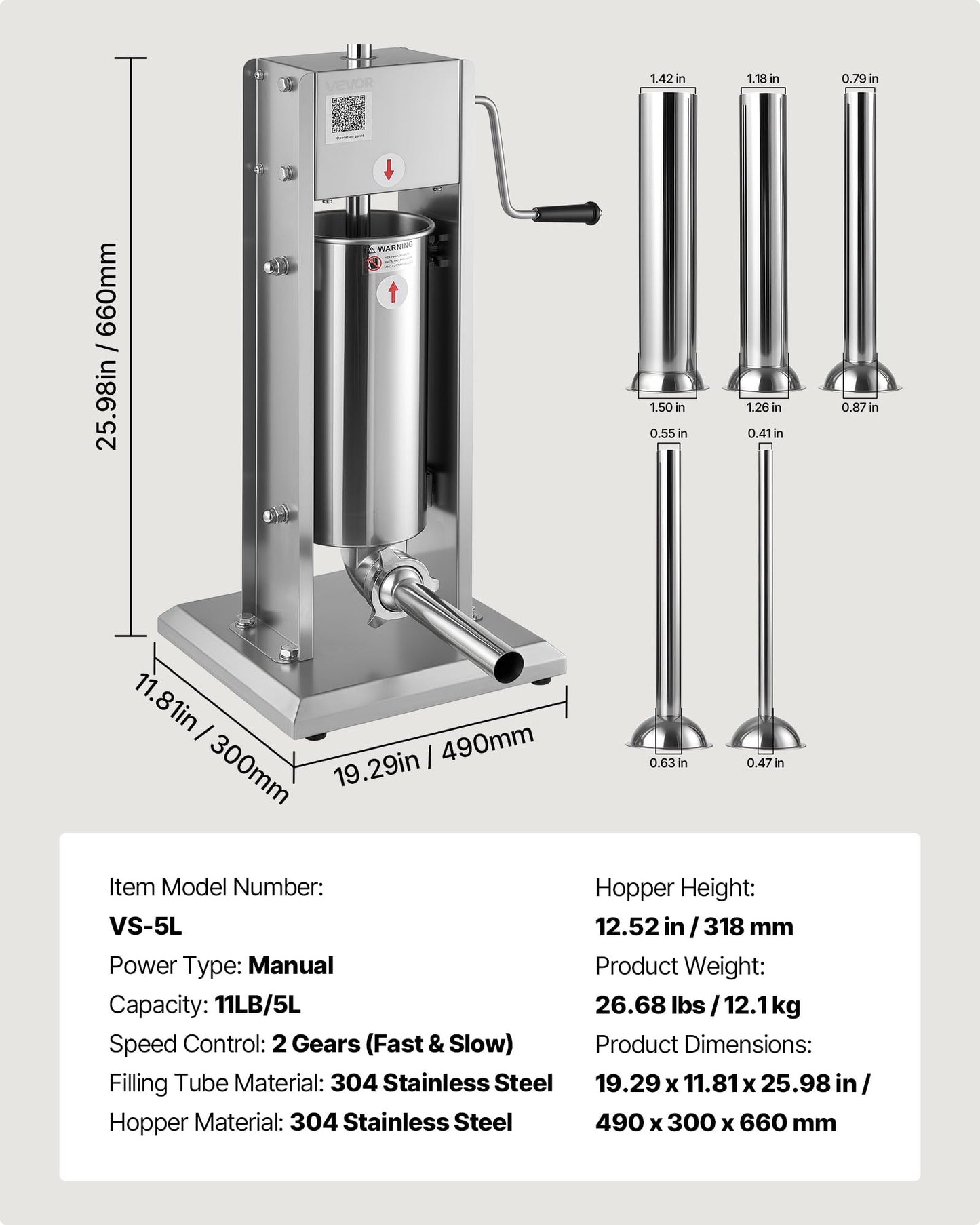 VEVOR Manual Sausage Stuffer, 11 LBS / 5 L Vertical Meat Stuffer, Dual-Speed Sausage Casing Meat Filling Machine, Stainless Steel Heavy Duty Filler with 5 Stuffing Tubes, for Commercial & Home Use