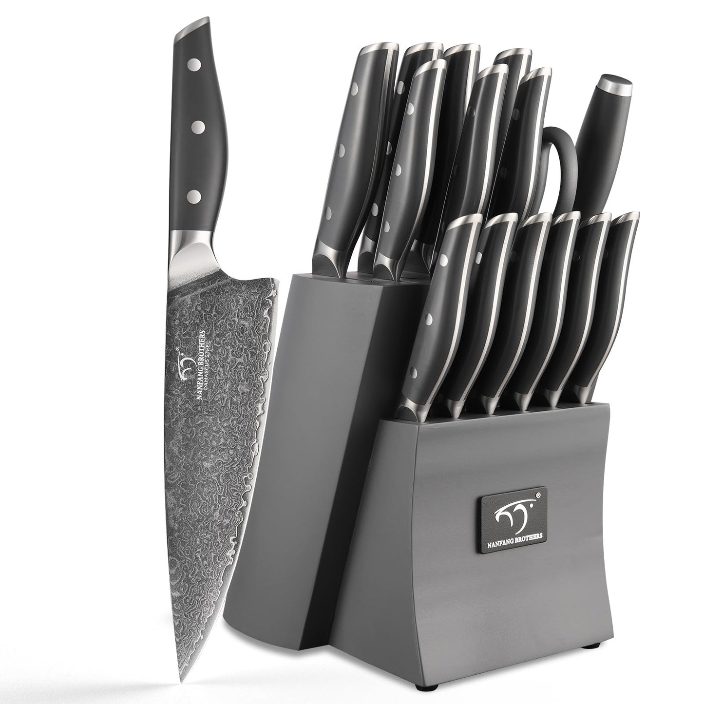 NANFANG BROTHERS Knife Set, 16-Pieces Damascus Kitchen Knife Set with Block, ABS Ergonomic Handle for Chef, Carving Fork, Disconnect-type Knife Block Set (Gray)