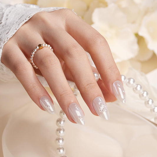 VSALON Short Almond Press on Nails - White Chrome Glazed 3D Pearl Design Fake Nails, Spring Summer Reusable Gel Salon Quality Glue on Nails & Cuticle Oil - 32 PCS Stick on Nails in 16 Sizes