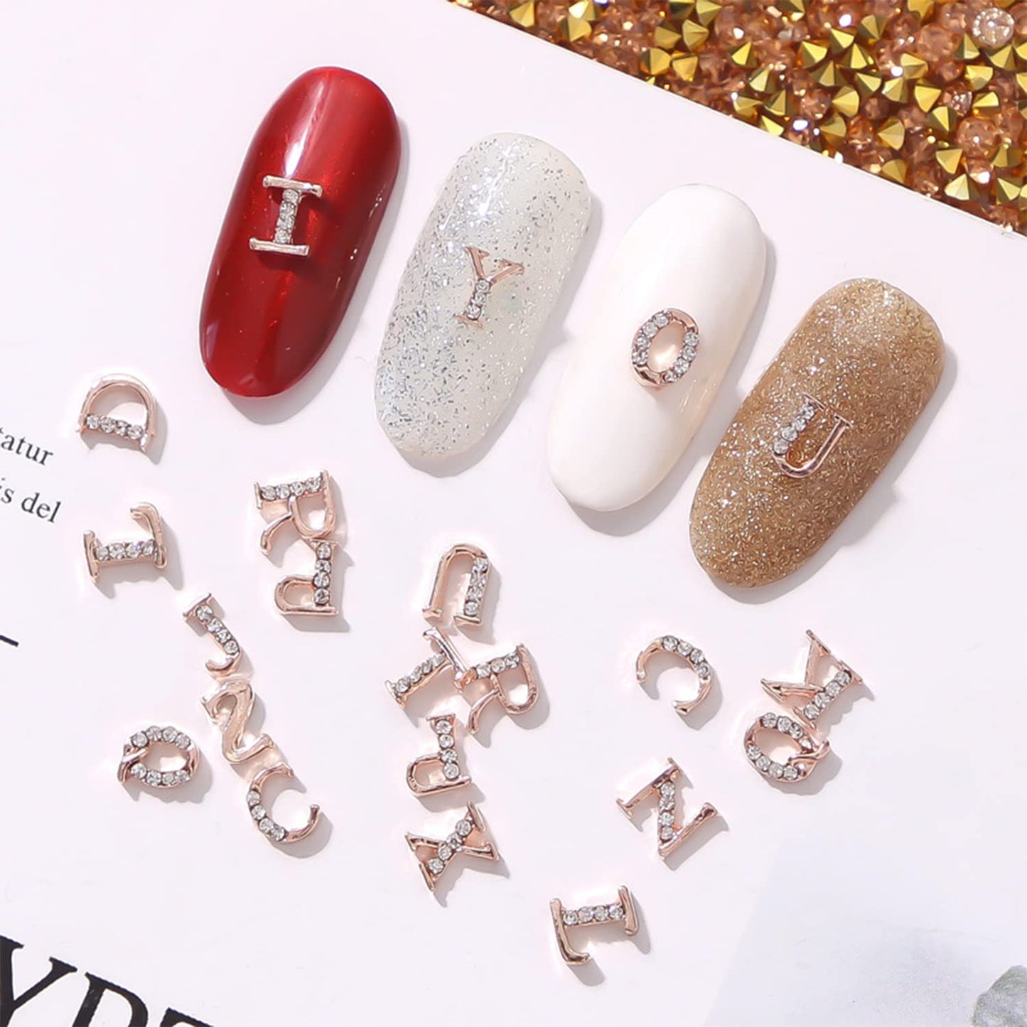SILPECWEE 104 Pieces Letters Nail Charms Rose Gold Nail Letters 3d Nail Art Charms Alphabet Letters for Nails Metal Nail Jewels Nail Decoration DIY Craft