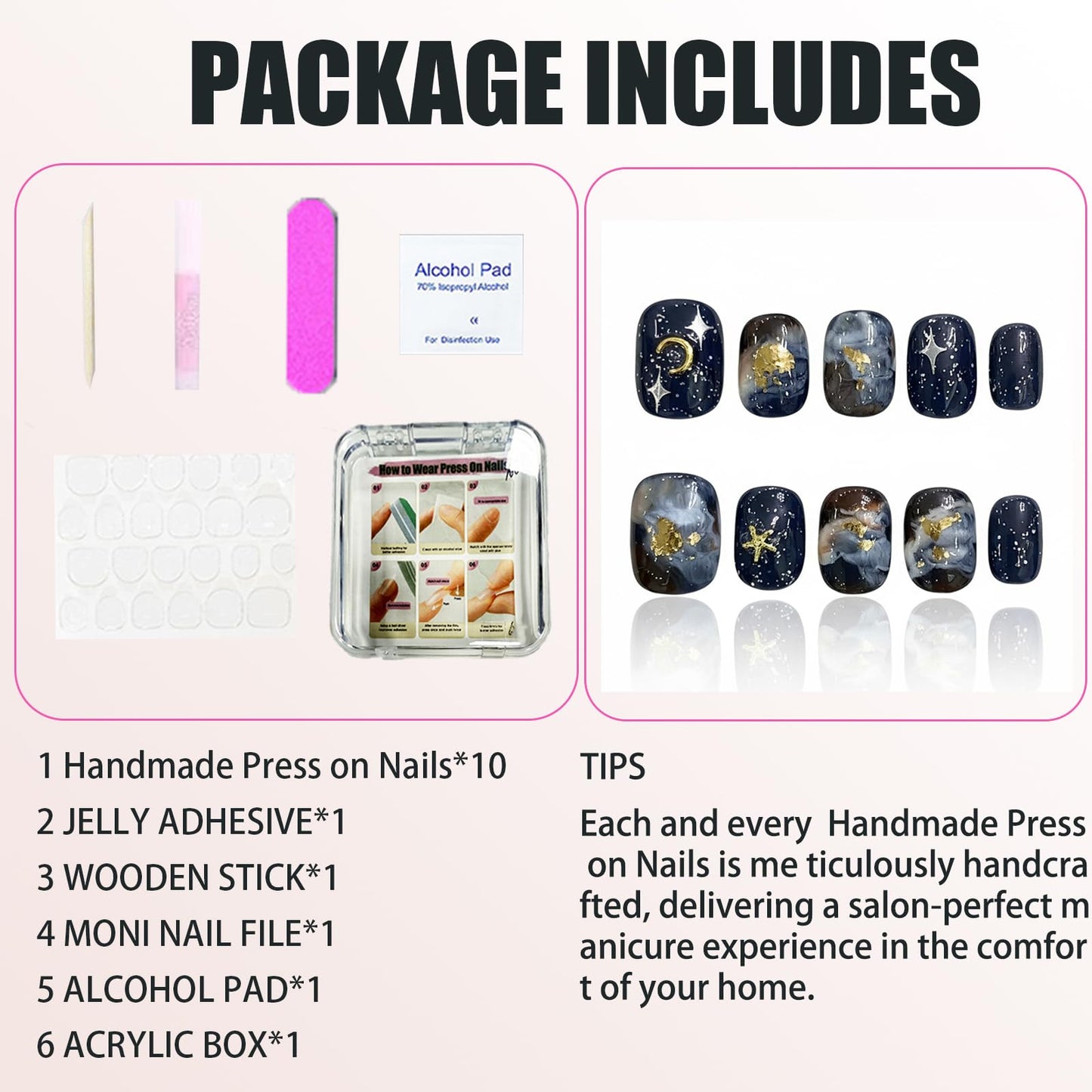 Handmade Press On Nails Reusable Stick On Fake Nails Blue oil Painting Style Stars and Moon Luxury Elegant Sexy Style For Women Gift With Nail Glue S