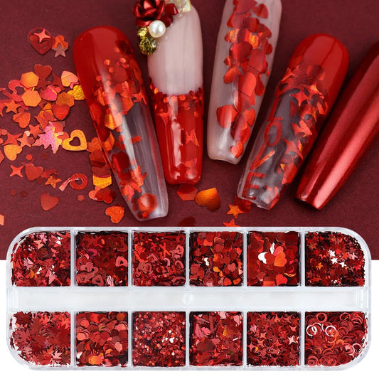 AWDSLUY 12 Grids Valentine's Nail Art Glitter Sequins 3D Sparkly Love Heart Shape Nail Art Sequins 3D Holographic Laser Letter Butterfly Star Maple Leaves Nail Glitter Flakes for Women Manicure Charm