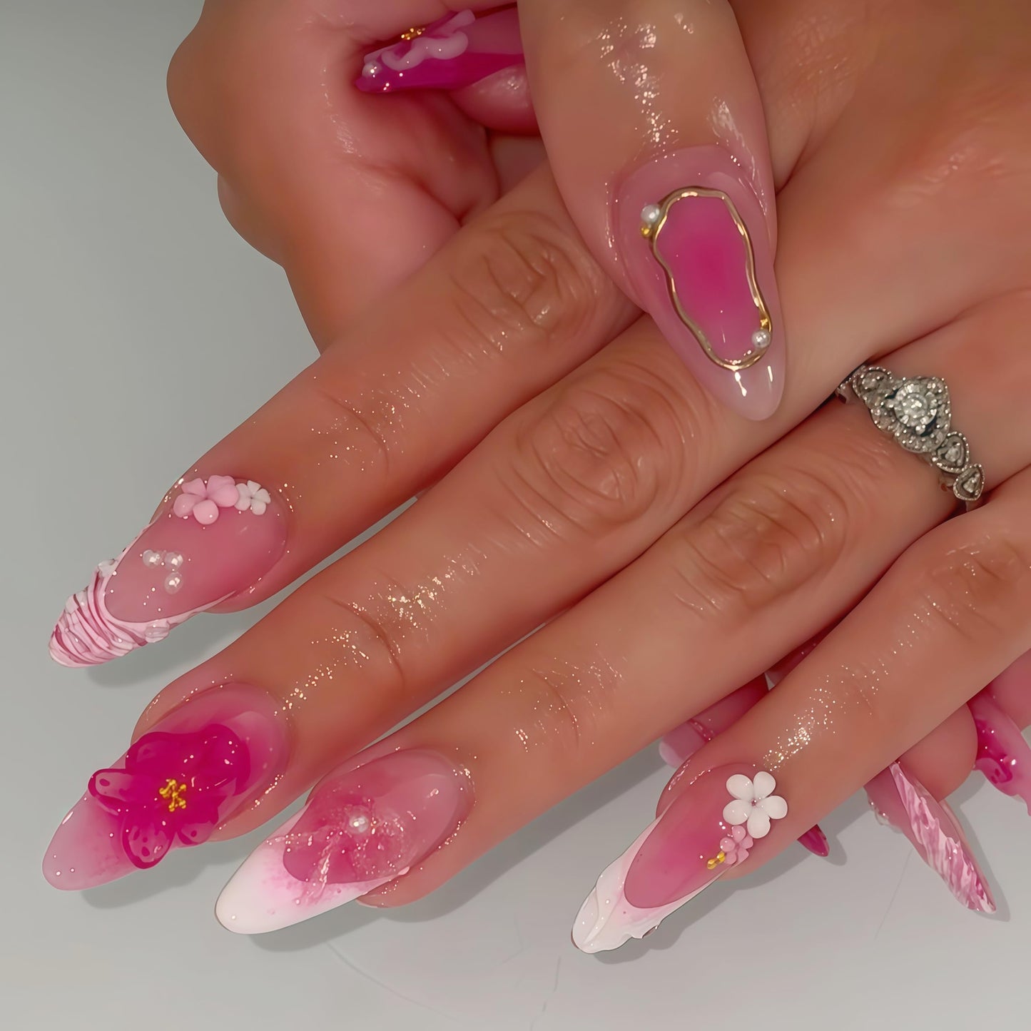 Long Press on Nails Almond Fake Nails Pink Acrylic Nail Press Ons Seeneey 3D Flowers and Gold Charm Designs Cute Stick on Nail for Women 24pcs