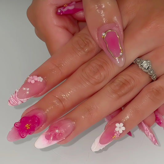 Long Press on Nails Almond Fake Nails Pink Acrylic Nail Press Ons Seeneey 3D Flowers and Gold Charm Designs Cute Stick on Nail for Women 24pcs