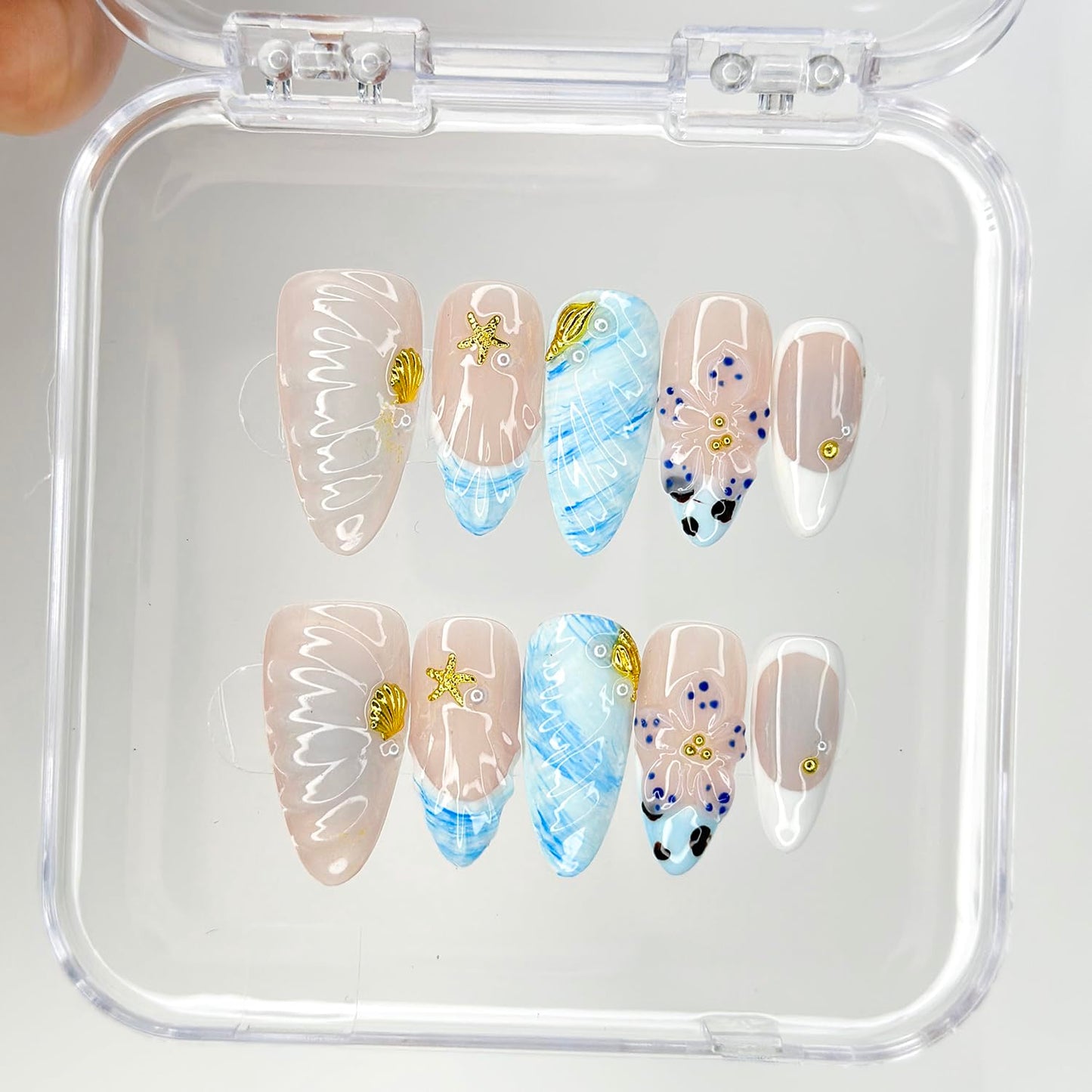 OFDNE Luxury Press On Nails Medium Almond Handmade 3D Unique Reusable ABS Material False Nails Blue with Designs Starfish Floral Art Petal Glossy Glue on Nails Thick Acrylic Nails (10 Pieces, 1 Set)