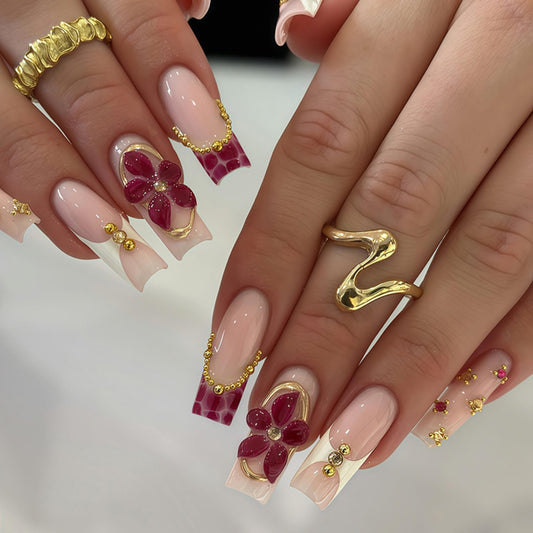 Long Press on Nails Square Fake Nails Red Artificial Nail 3D Floral and Gold Charm Designs Cute Stick on Nail for Women 24pcs