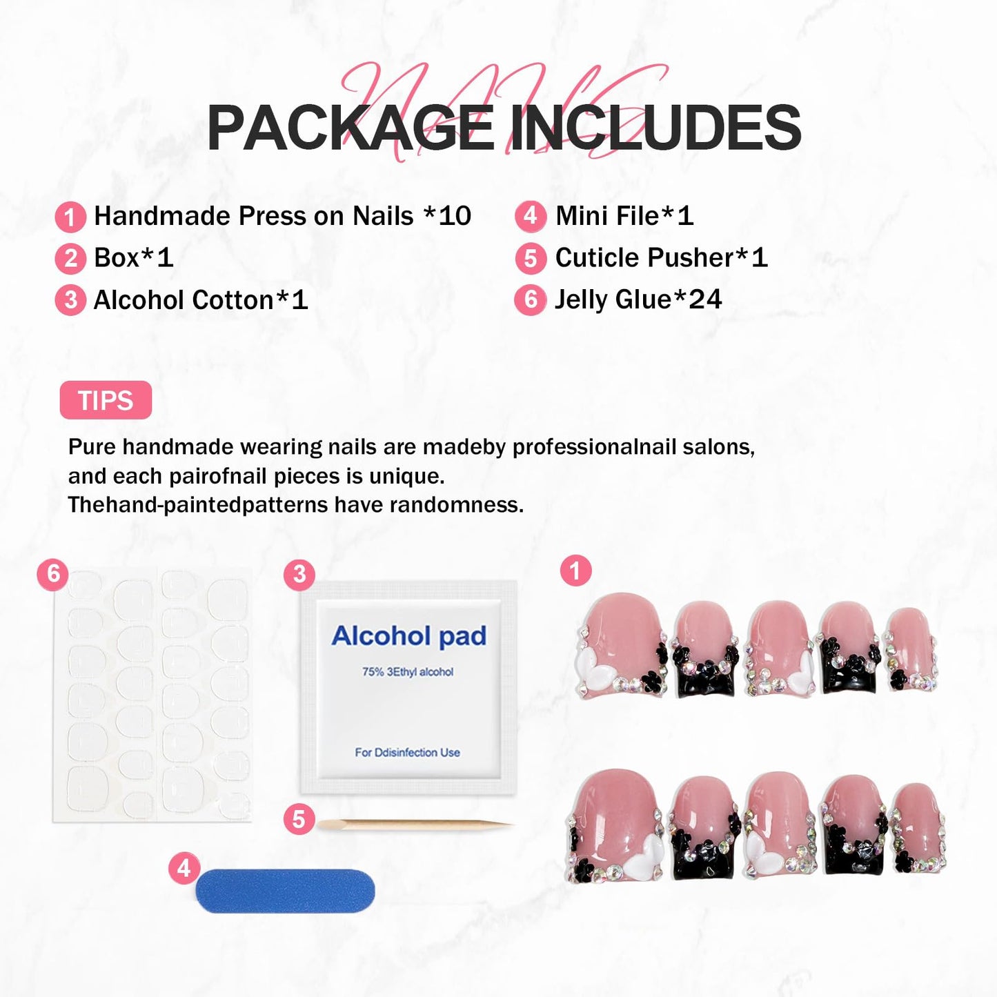 Handmade Square Nails Press on Black French Tip Fake Nails with Rhinestone & Flower Designs Muti-Layer Gel Acrylic Nail Kit Full Cover False Short Stick on Nails for Women (Size M)