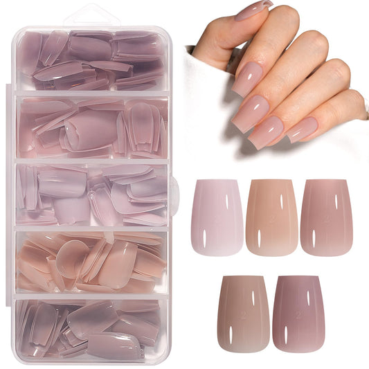 AILLSA RealFit Natural Color Short Coffin Press On Nails 4 in 1 Pre-applied Tip Primer, No Need to File Easy to Apply Long Lasting False Nail for Salon Home DIY Gifts 150 PCS