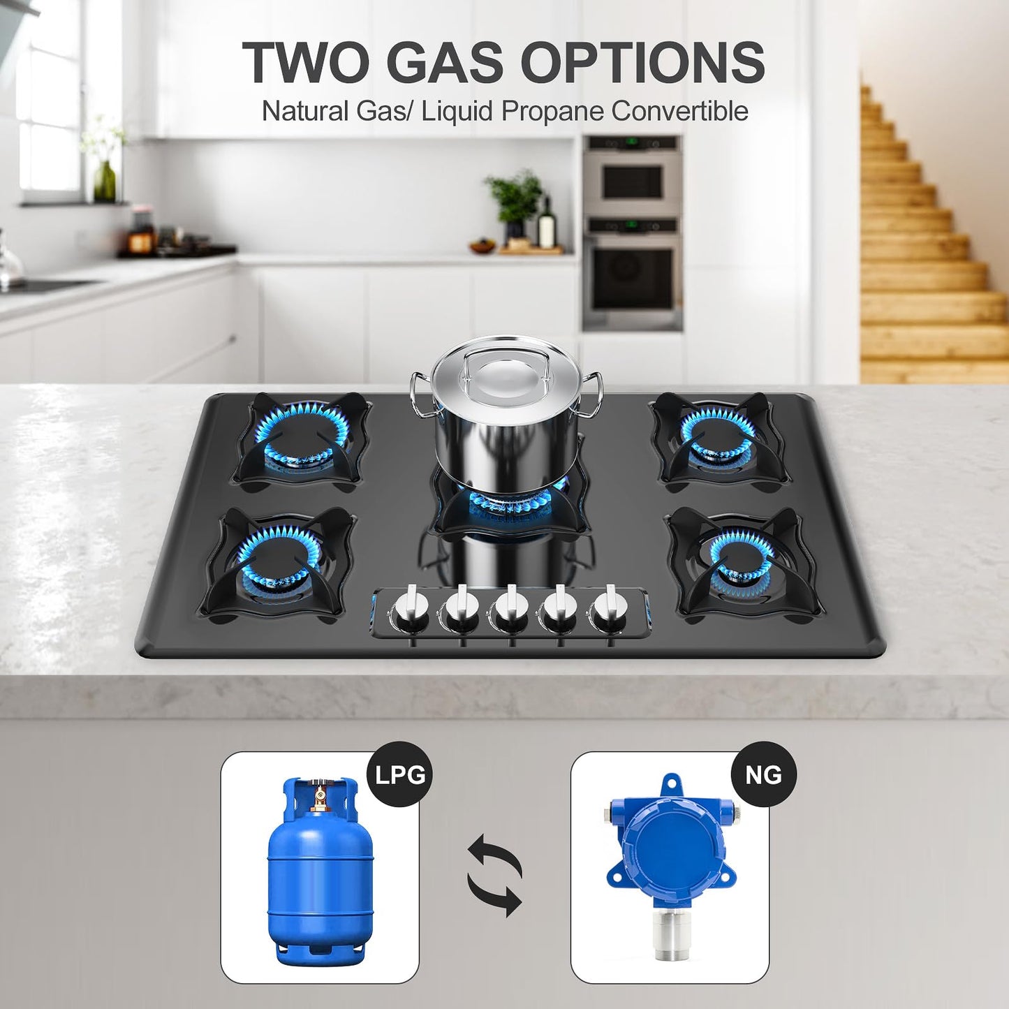 Nafewin Gas Cooktop 36 Inch, 5 Burner Gas Stove Top Built-in Propane Stove Stainless Steel, NG/LPG Dual Fuel Auto Ignition Propane Cooktop, Thermocouple Protection