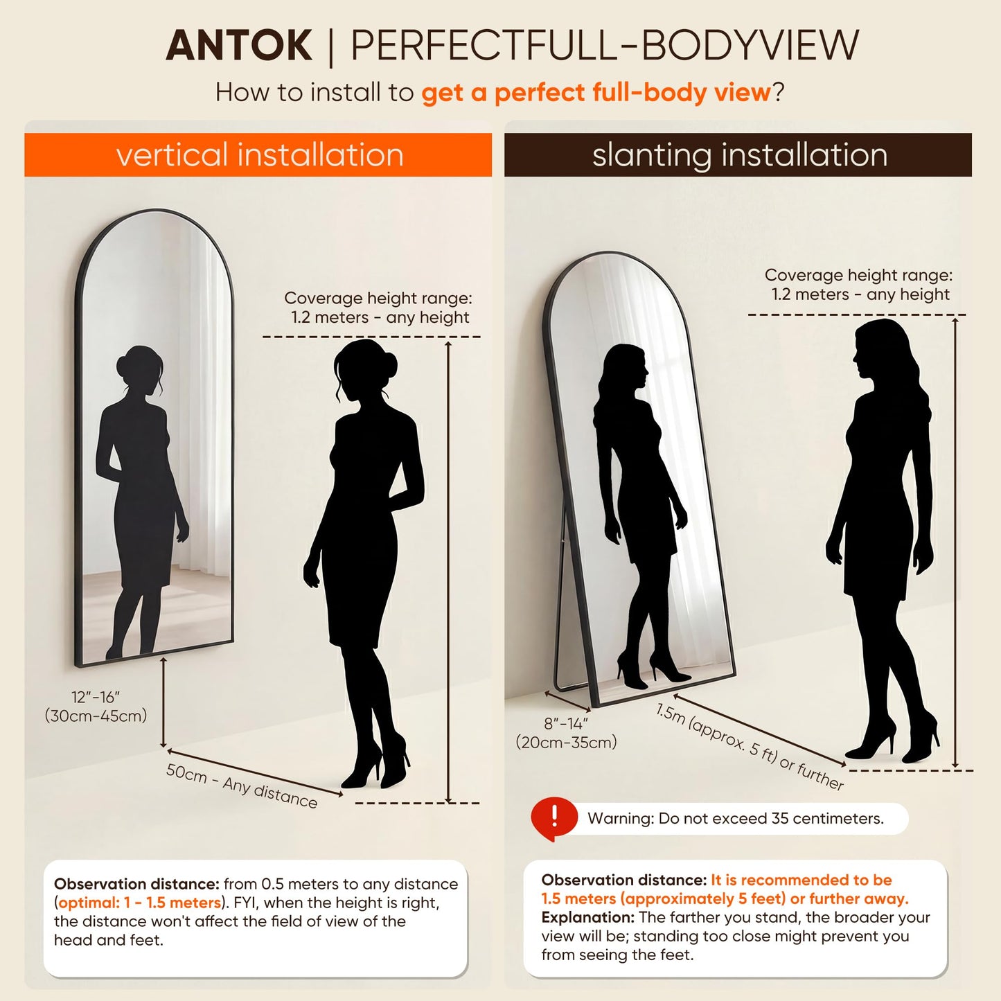 Antok Full Length Mirror, 71"x28" Floor Mirror, Arched Floor Standing Freestanding Arch Full Body Mirrors with Stand for Bedroom, Hanging Mounted for Living Room Cloakroom,Black