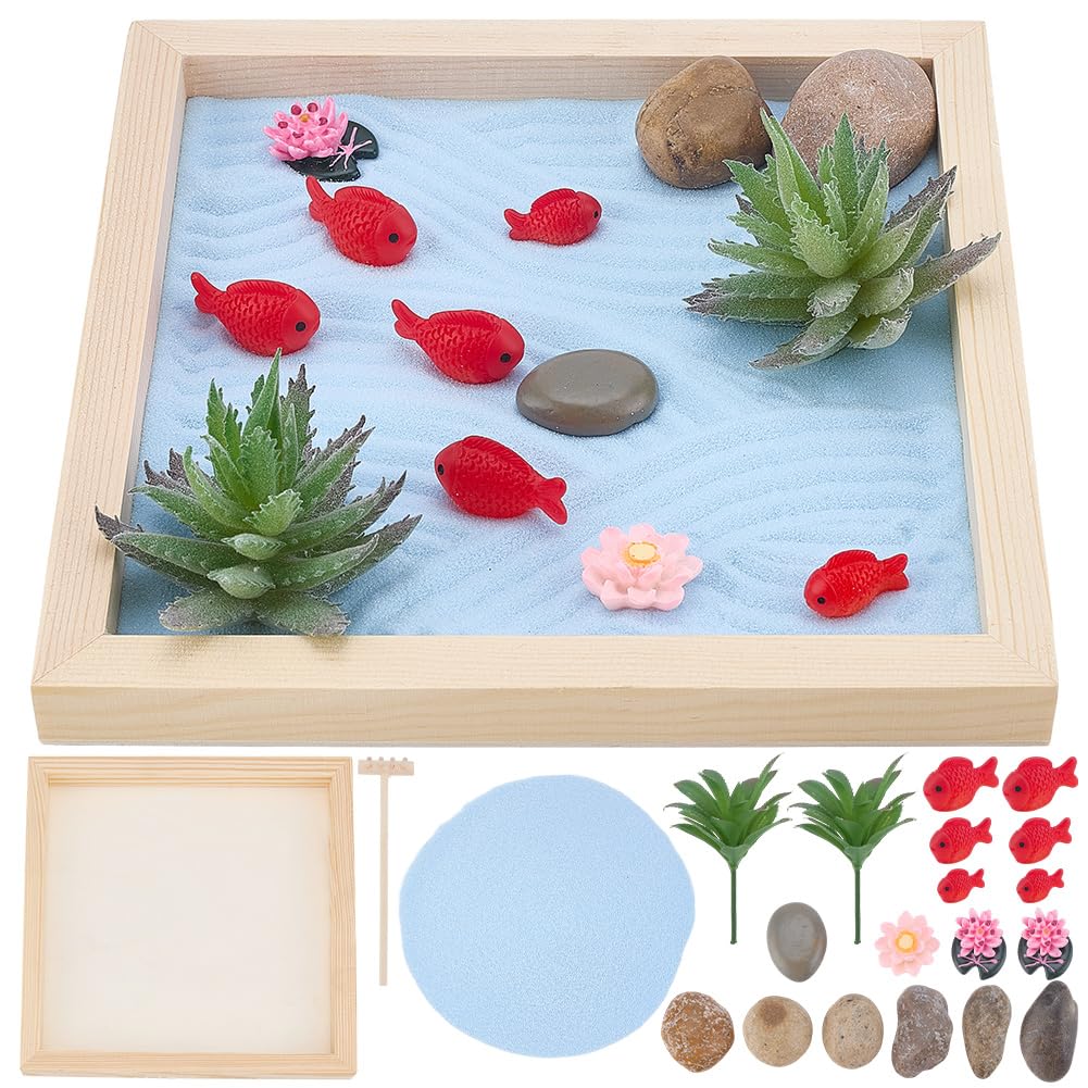 WEBEEDY Japanese Zen Garden Kit for Desk, Lotus Fish Pond Mini Sandbox Zen Sand Garden Desktop Meditation Accessories Gift for for Adult Home Room Office Decor,5.9 Inch/15 cm Round Tray