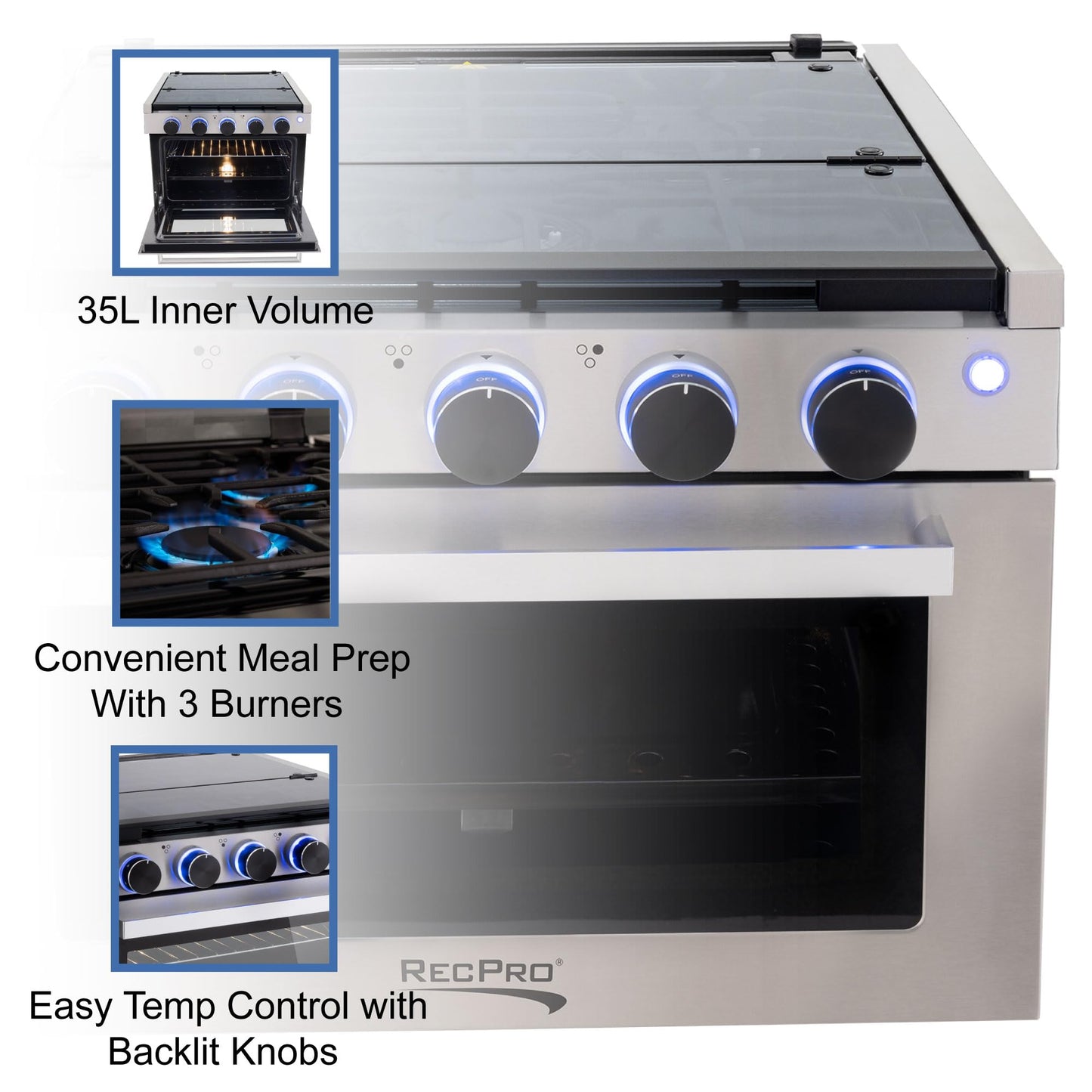 RecPro RV Stove | 21" x 17" Cooktop | 17" Tall Gas Range | 3 Burner | 1.8 Cu. Ft | 7100 BTU | Black or Silver Finish | Optional Vented Range Hood (Stainless, With Range Hood)